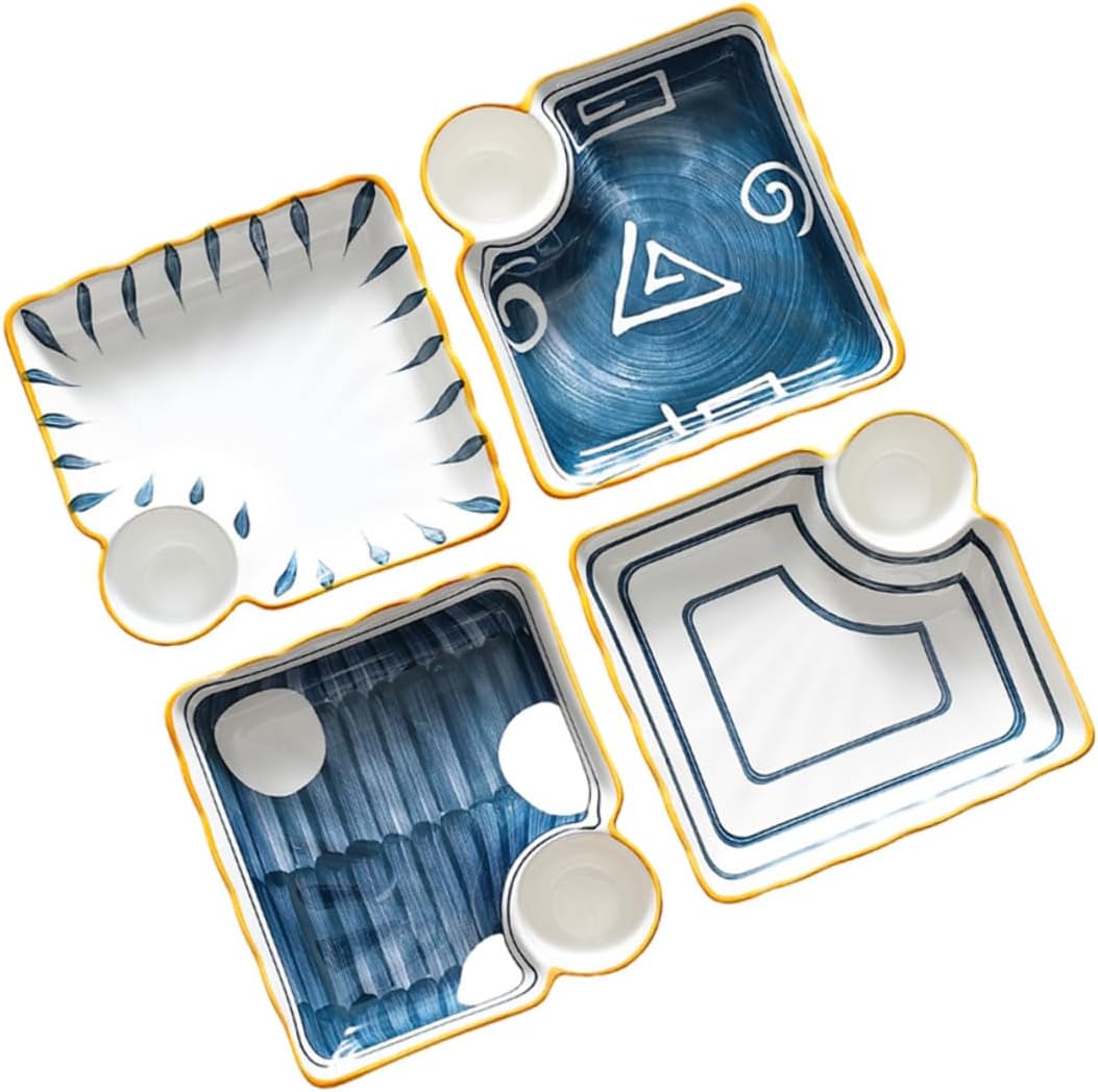 Luxshiny Ceramic Sushi Plate and Dumpling Tray Set, Square Japanese Style Serving Plates with Dipping Sauce Compartments, 4pcs Assorted Sushi and Snack Dinnerware for Home Random Color