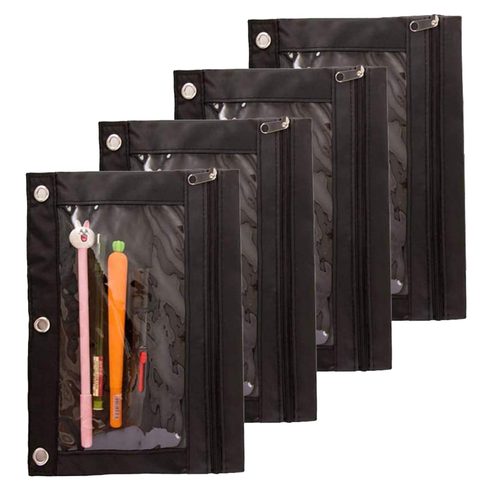Estuche con cremallera para lápices, 3 anillas, color negro