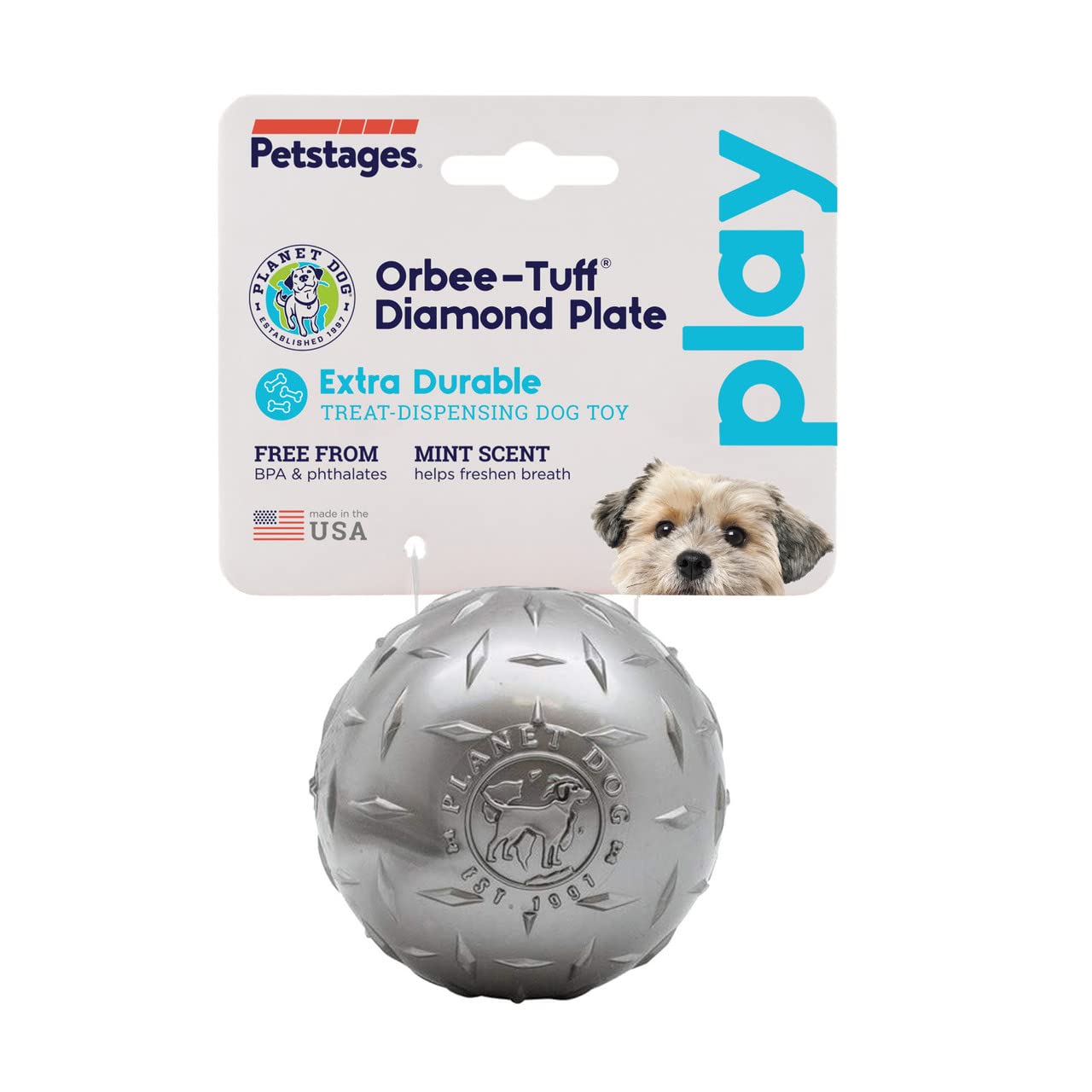 Petstages Orbee-Tuff Diamond Plate Ball Treat Dispensing Dog Toy Chew-Fetch Ball-Tough and Durable Dog Toys for Chasing,Retrieving and Training-3inch,Small (68787 (Grey))