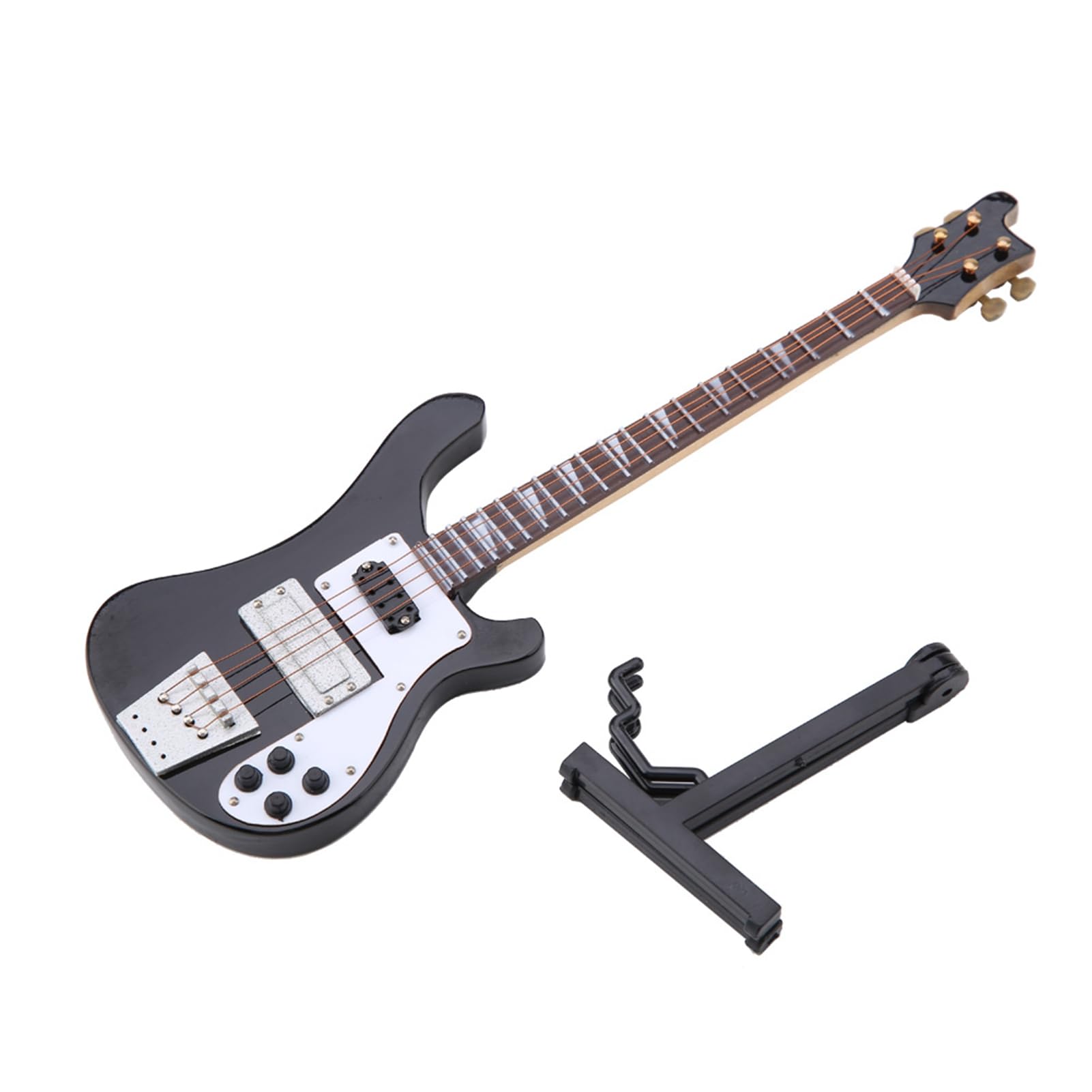 Respicefinem Black Bass Guitar Replica Handcrafted Basswood Model with Display Stand Travel Case Musician Gift Collectible Ornament