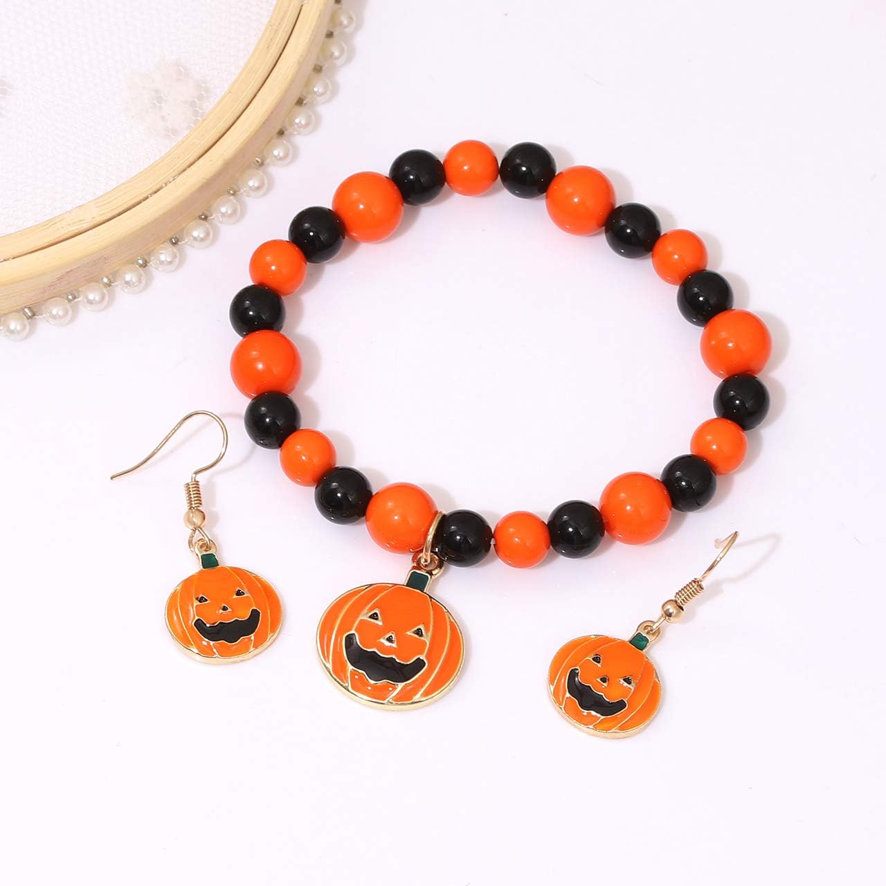 boderier Halloween Beaded Choker Pumpkin Pendant Necklace with Pumpkin Drop Earrings Bracelet Sets Jewelry - Image 4