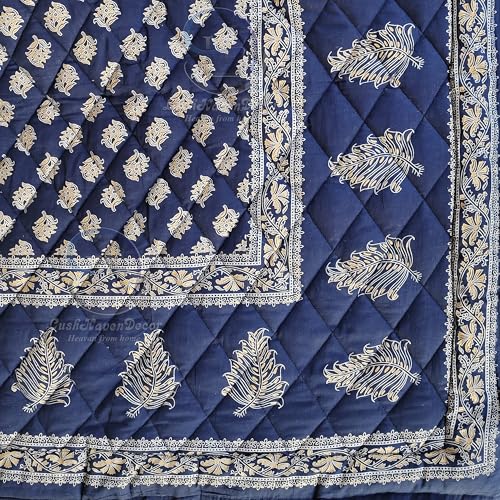 Image of Jaipuri Razai Double Bed Gold Print with Computerized Quilting Use as Soft and Breathable Cotton Comforter Quilt Rajai Blanket Dohar Size 85X100 inch Blue Pack of 1