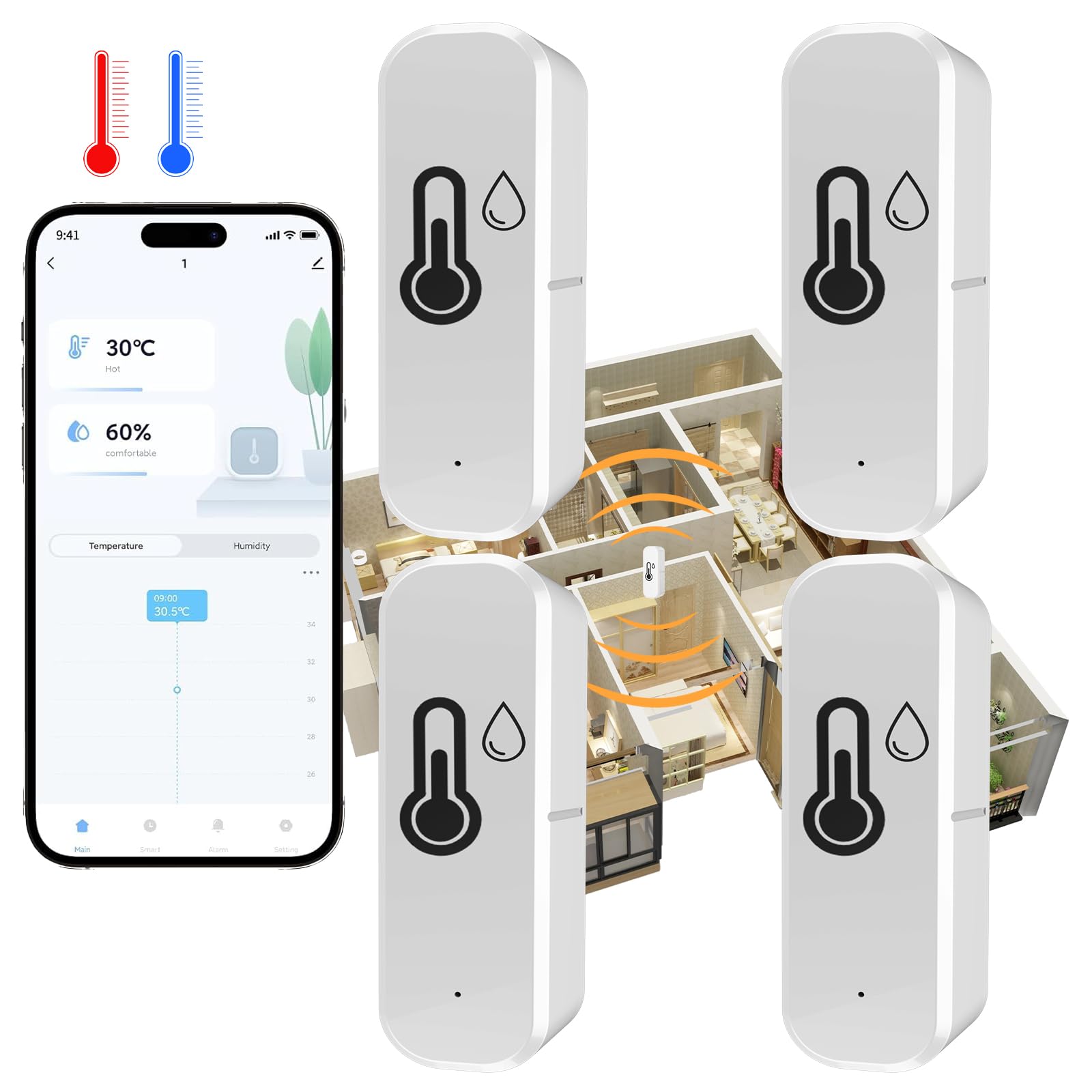 Thermomètre Hygromètre Wifi pour surveillance de la température et de l'humidité intérieure et extérieure, fonctionne avec l'application Smart Life/Tuya, compatible avec Google Home, Alexa, 4 pièces