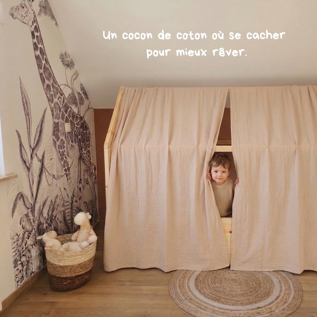 Ciel de lit cabane,100x350 cm, Coton Biologique Beige, décoration pour Chambre bébé ou Enfant. Inclus : 2 Toiles lit cabane; 2 Feuilles de décoration et Les Attaches Pratiques.