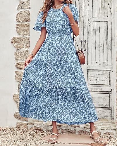 Image of PRETTYGARDEN Women's Casual Smocked Boho Floral A-Line Maxi Dress 2026 | Summer Short Flutter Sleeve Crewneck Tiered Long Sundress,Fall Wedding Guest Dresses,Spring Cute Flowy Beach Vacation Clothes