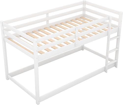 Miniatura 8 de Harper & Bright Designs Literas bajas de tamaño individual sobre cama individual para niños, base de cama de madera maciza con escalera, litera para