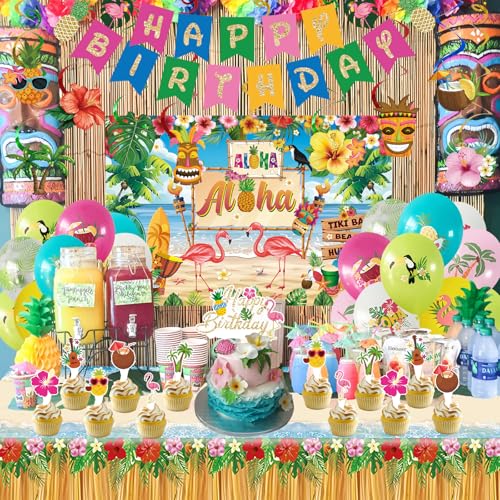Image of Hawaiian Birthday Party Decorations Kit - Includes inchHappy Birthday inch Banner, Hanging Swirls, Aloha Backdrop, Balloons,Cake Toppers, Tablecloth for Tropical Luau Theme Party Supplies