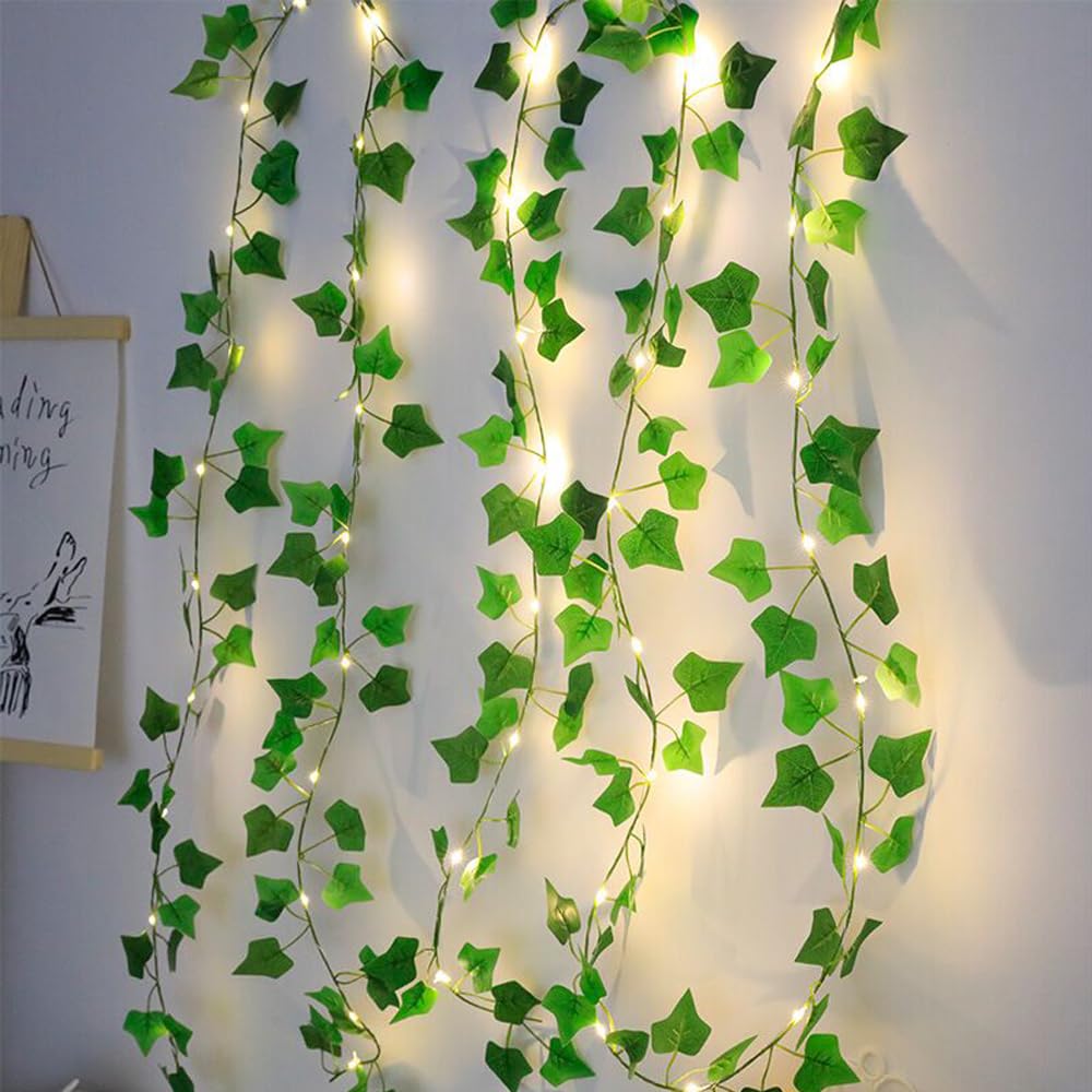 Fielegen 4 Pack 6.56ft Vine with Lights, Fake Ivy String Lights Battery Operated 80 LED Green Leaf Lights, Artificial Garland Plant Vine Fairy Light for Bedroom, Garden, Wall, Room, Party Decor