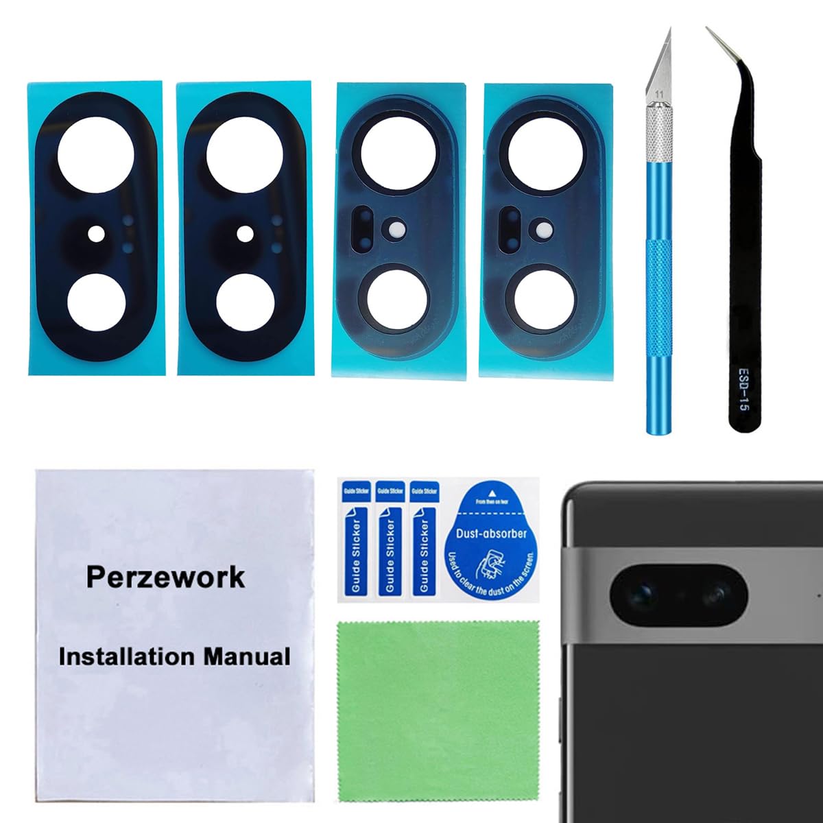 2 Set Back Rear Camera Lens Glass Replacement for Google Pixel 7 with pre-Installed Adhesive and Reparing Toolkit