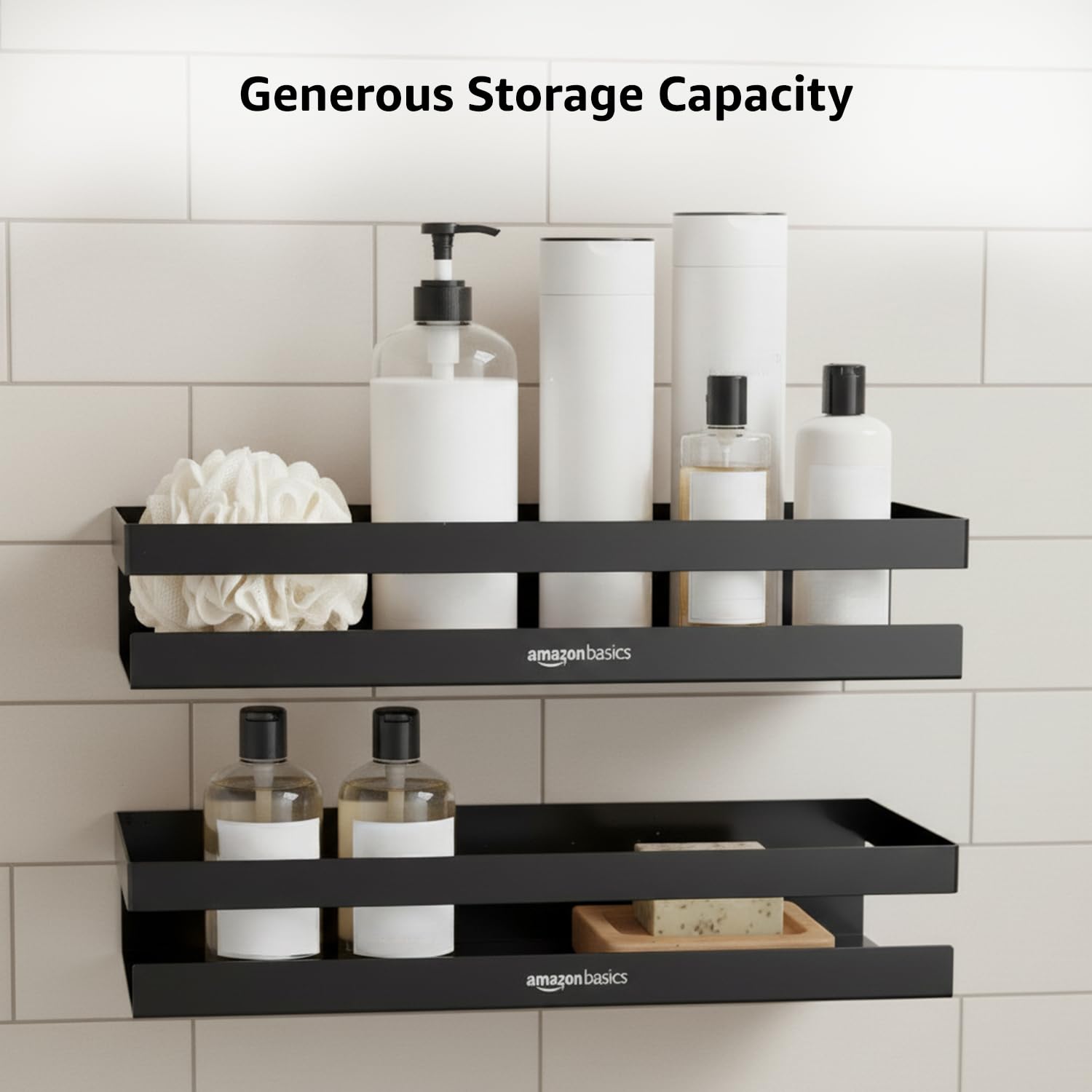 Amazon Basics Wall Mounted Bath Rack- Drill Installation | Large Mild Steel Bathroom Shelf for Shampoo, Conditioner, Soap & Toiletries | Rust-Resistant, Durable & Easy to Clean Bathroom Organizer β 35 x 13.6 x 6.5 cm, Pack of 2, Black 1