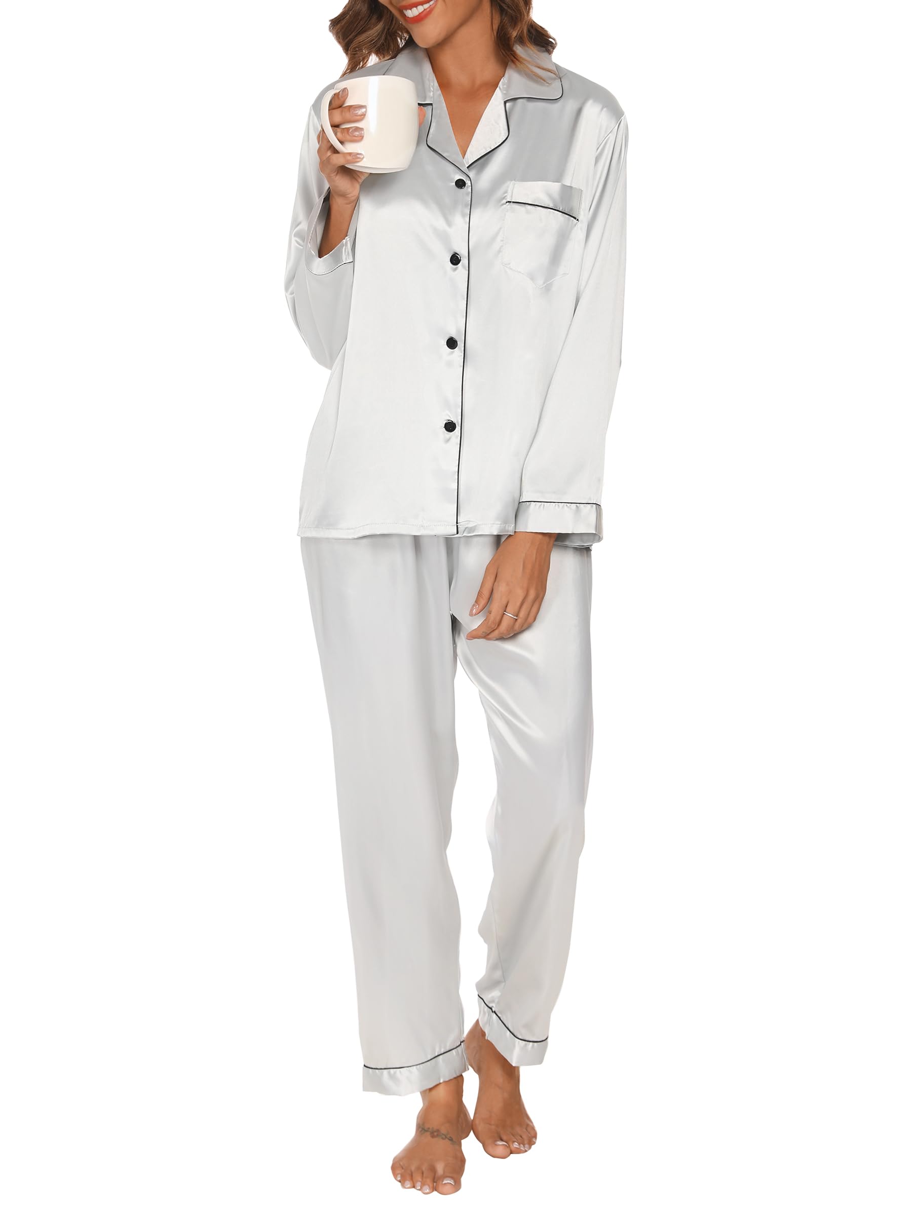 Reliwel Women's Grey Pyjama Sets Silk Satin Long Sleeve Button Down Pyjamas Two Piece Silk Pjs For Sets Sleepwear Loungewear Nightwear For Spring Summer,,Xl