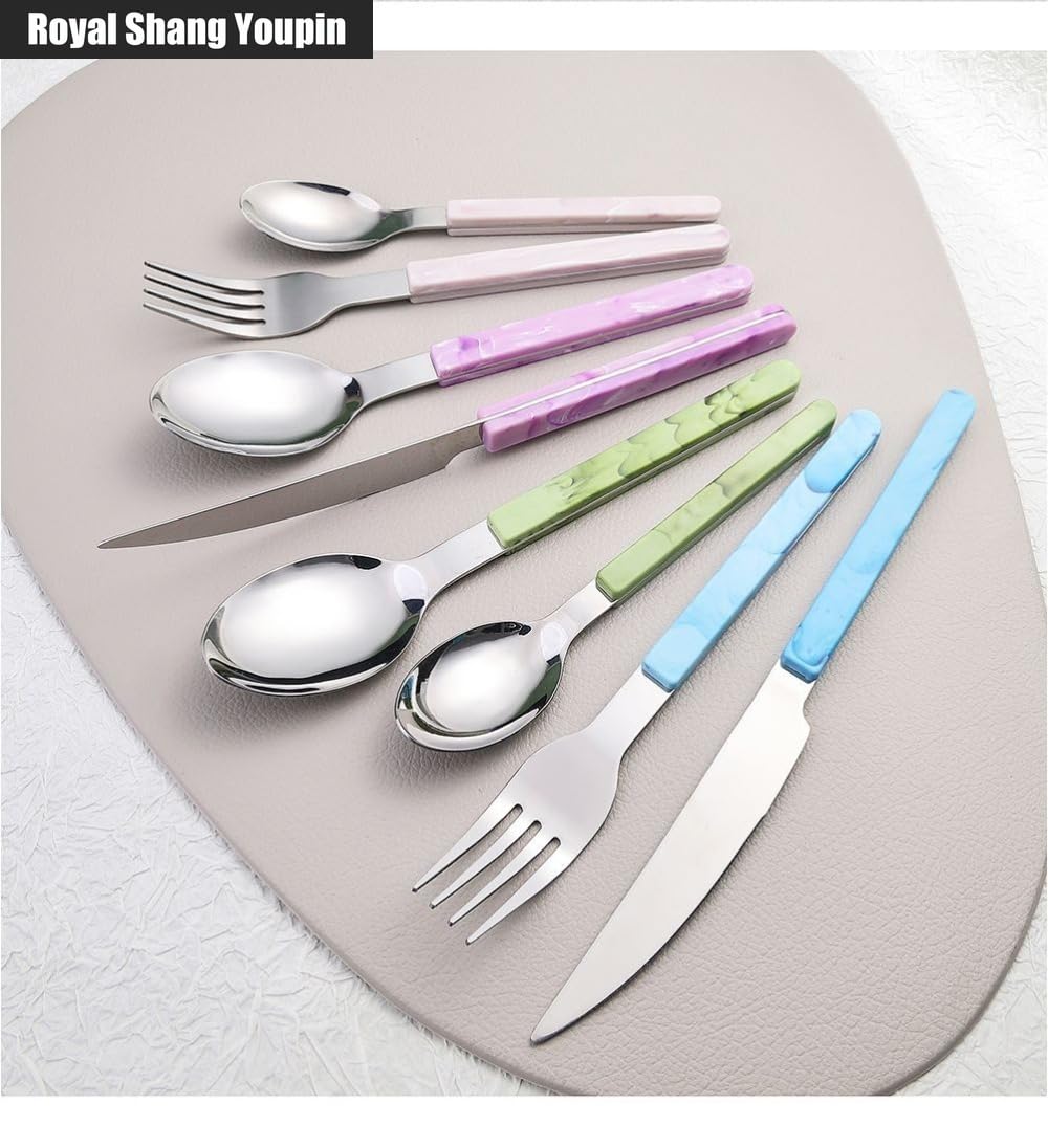 Retro Stile Cinese PP Maniglia Da Cucina in Acciaio Inox Argenteria Da Tavola Posate Set Di Posate Coltello Da Bistecca Forchetta Cucchiaio Cucchiaino (Blu,24 pezzi)