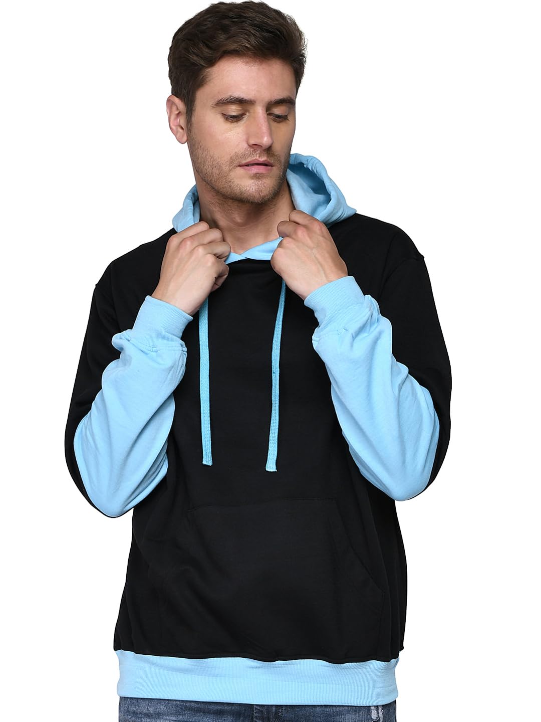 sxv style SXV Solid COLOURBLOCKED Sweatshirt Hoodie for Men & Women (Black&AQUABLUE)-picture-32