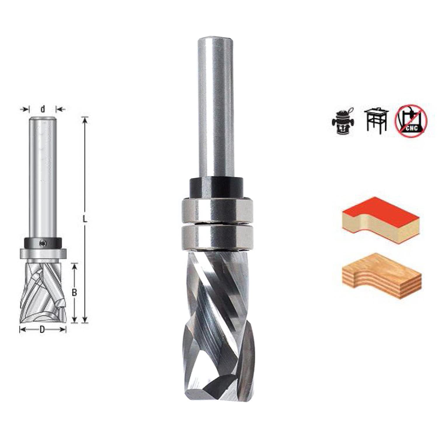 Fresa en espiral de 8 mm de vástago Up-Down Cut, fresa VHM, fresa de compresión con 2 rodamientos en el vástago, fresadora de doble filo, para trabajos de carpintería