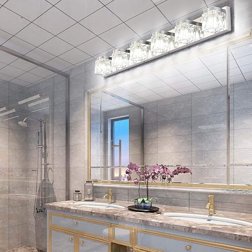 Miniatura 4 de Ralbay Luces LED modernas para tocador de baño, 6 luces de cristal de cristal de acero inoxidable para tocador de baño, accesorios sobre espejo LED