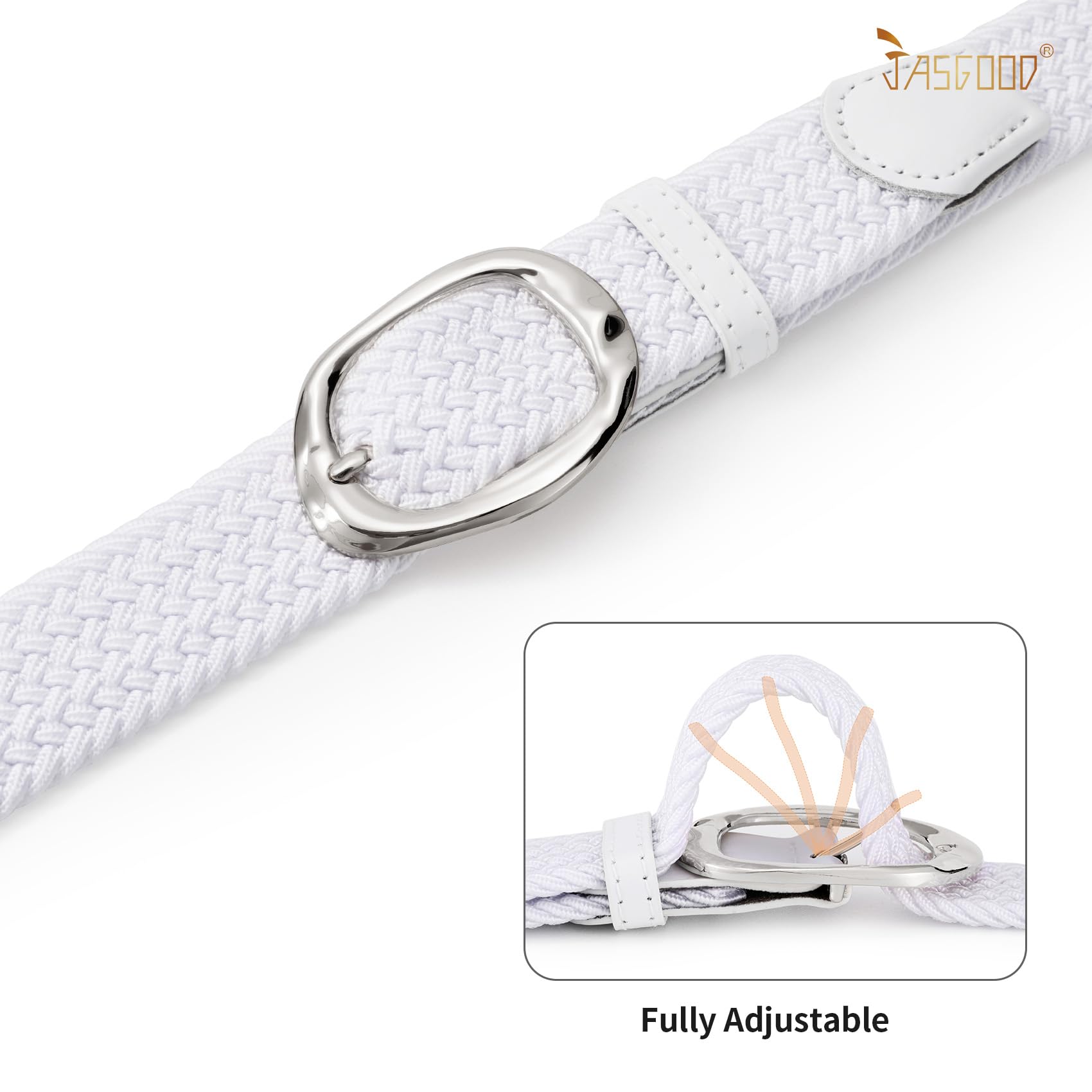 JASGOOD Braided Elastic Belt for Women Stretchy Woven Golf Belt Casual Web Belt for Jeans Pants with Silver Buckle, White, Fit Waist Size 26inch-31inch