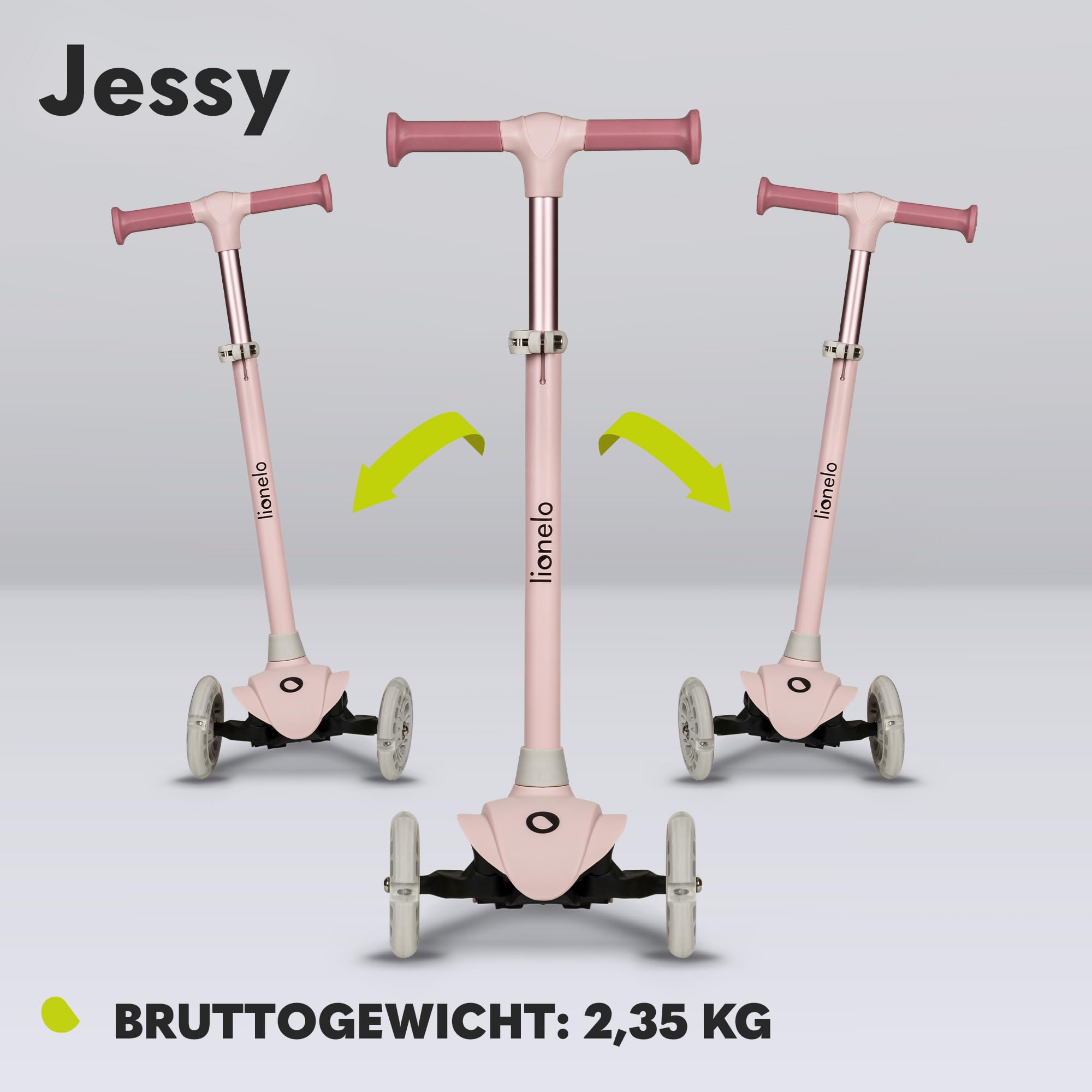 LIONELO Jessy Premium Dreirad-Kinderroller mit LED-Rädern für Kinder 3 Jahre bis 50 kg, Höhenverstellung und Rutschfester Plattform, Faltbarer Kinderroller. Kinderscooter ab Kleinkind Junge Mädchen