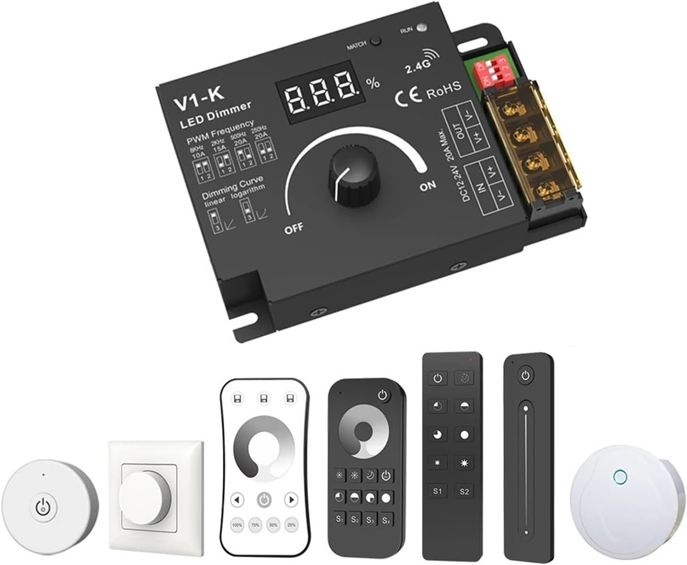 Rotary LED Dimmer DC 12V 24V PWM Wireless Frequency Adjustable 20A Single Color LED Light Strip Controller Knob 12 Volt Dimmer Switch (Color : Model C, Size : DC 12-24V)