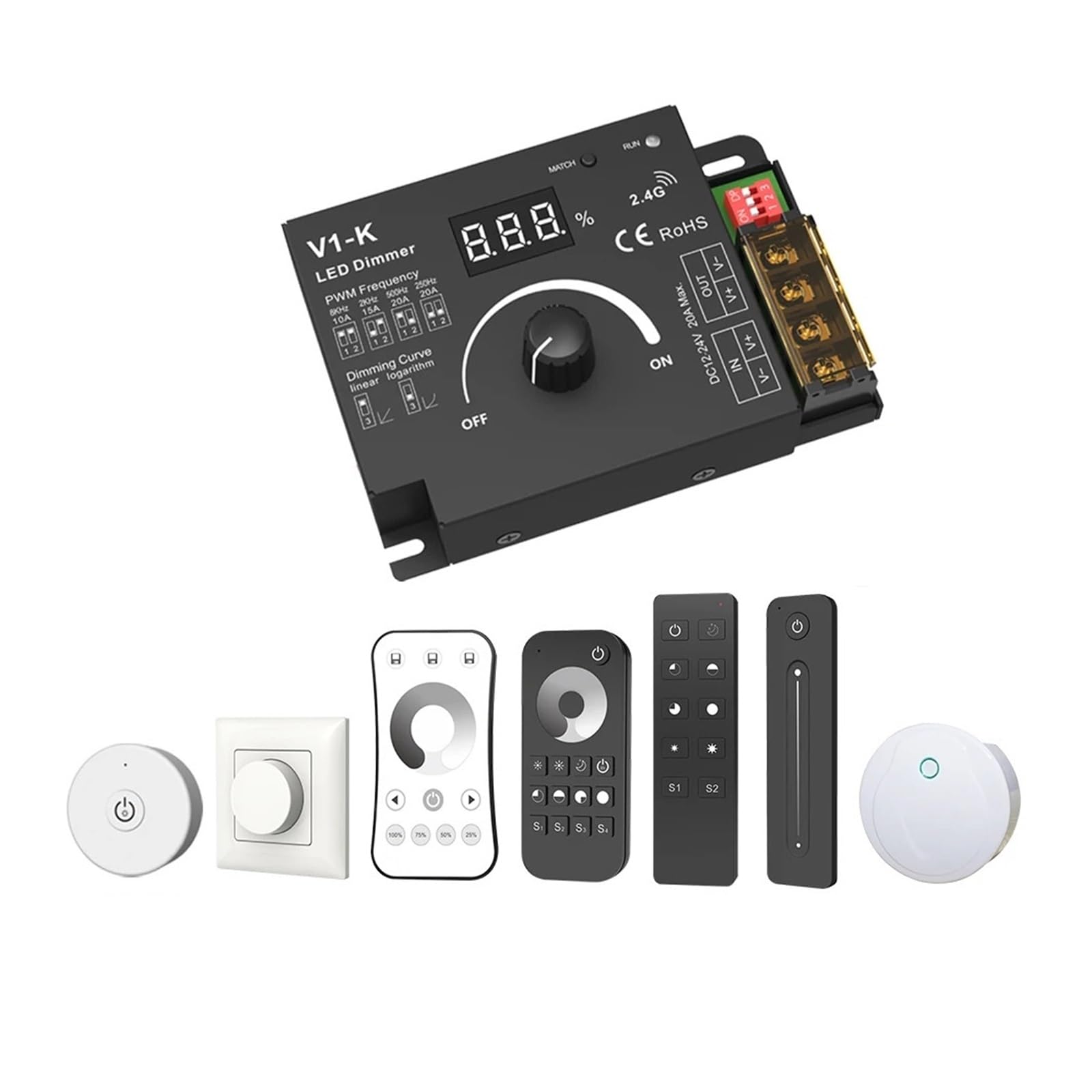 Drehbarer LED-Dimmer, DC 12 V, 24 V, PWM, kabellose Frequenz, einstellbar, 20 A, einfarbiger LED-Lichtleisten-Controller, Knopf, 12-Volt-Dimmerschalter (Color : Model G, Size : DC 12-24V)