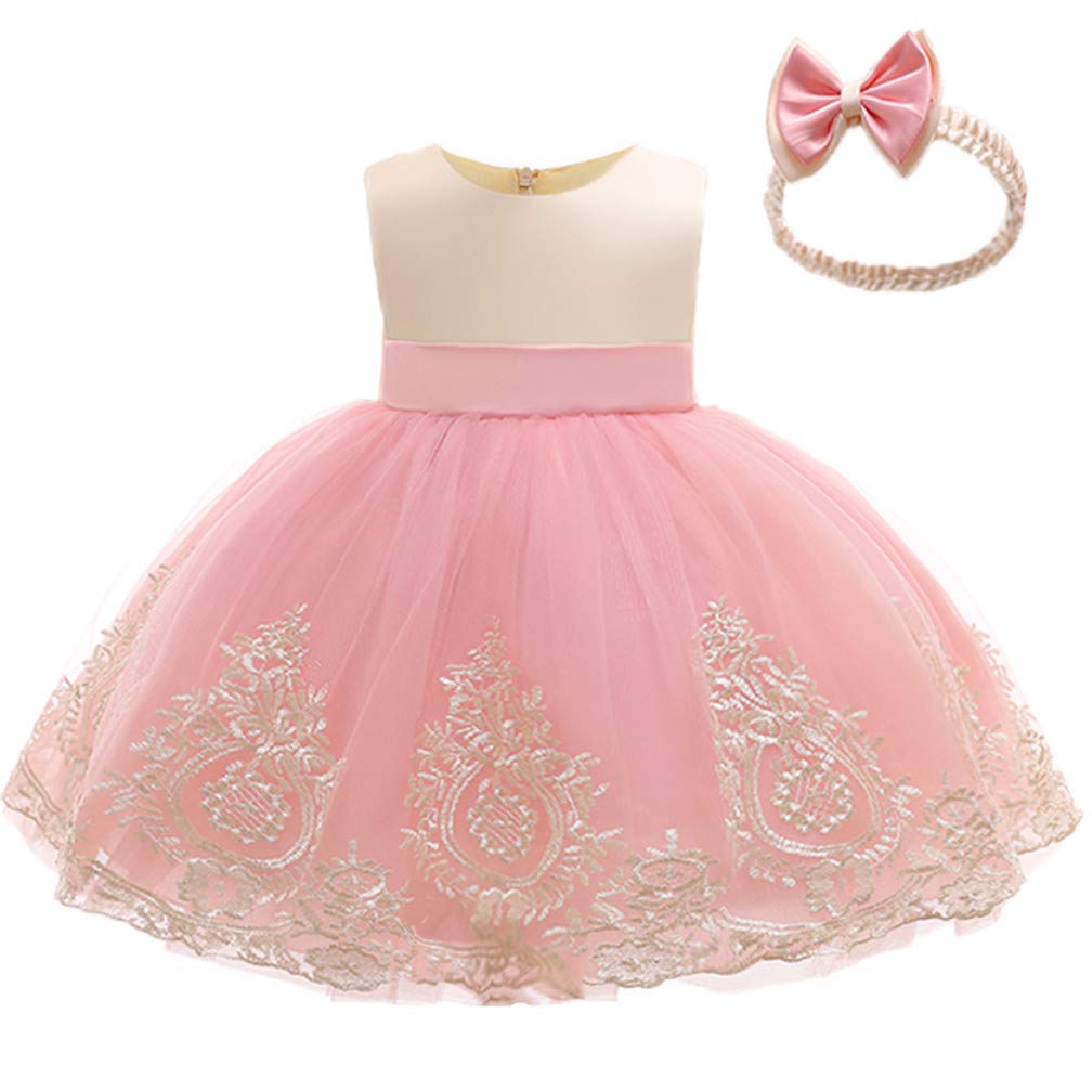 CMMCHAAH Vestido de encaje bordado de 0 a 6 años para niñas y bebés, con lazo, vestido con gorro. - rosa - 6-12 meses