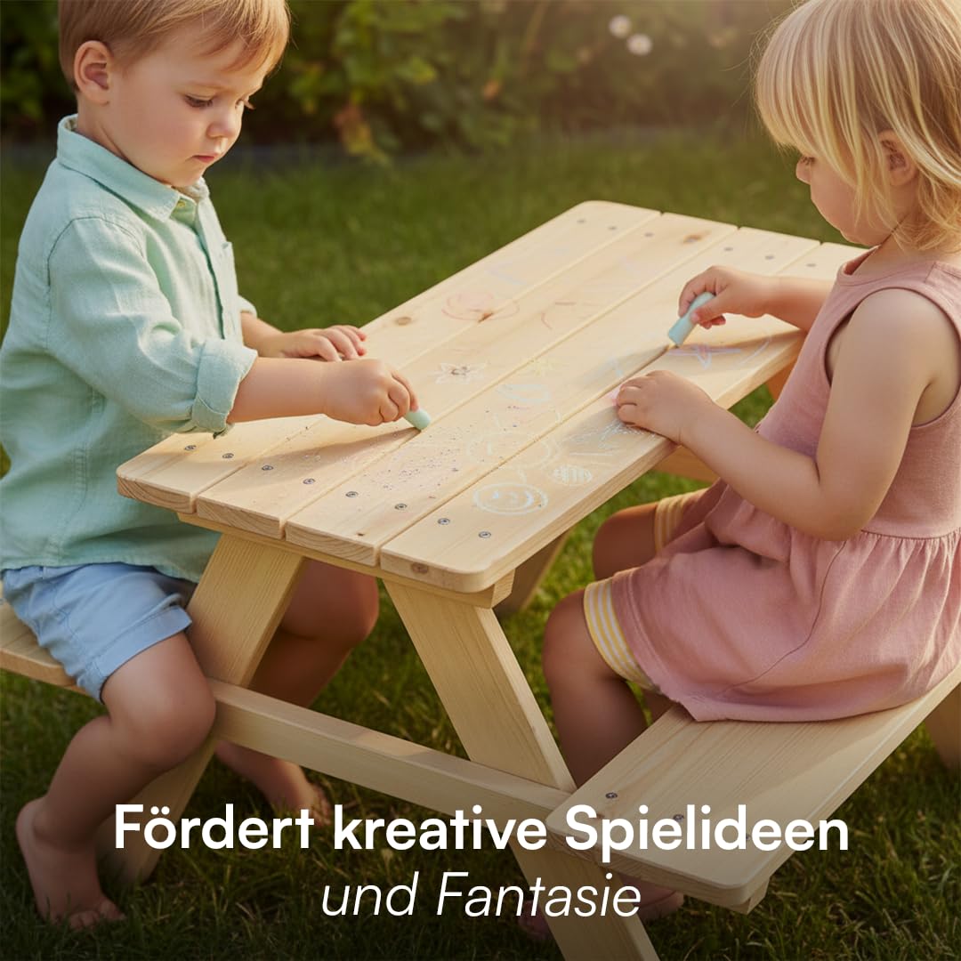 Bellabino Kindersitzgruppe für 4 Kinder – Kindertisch mit 2 Bänken – Picknicktisch aus Kiefer, unbehandelt – Gartenmöbel ab 2 Jahren