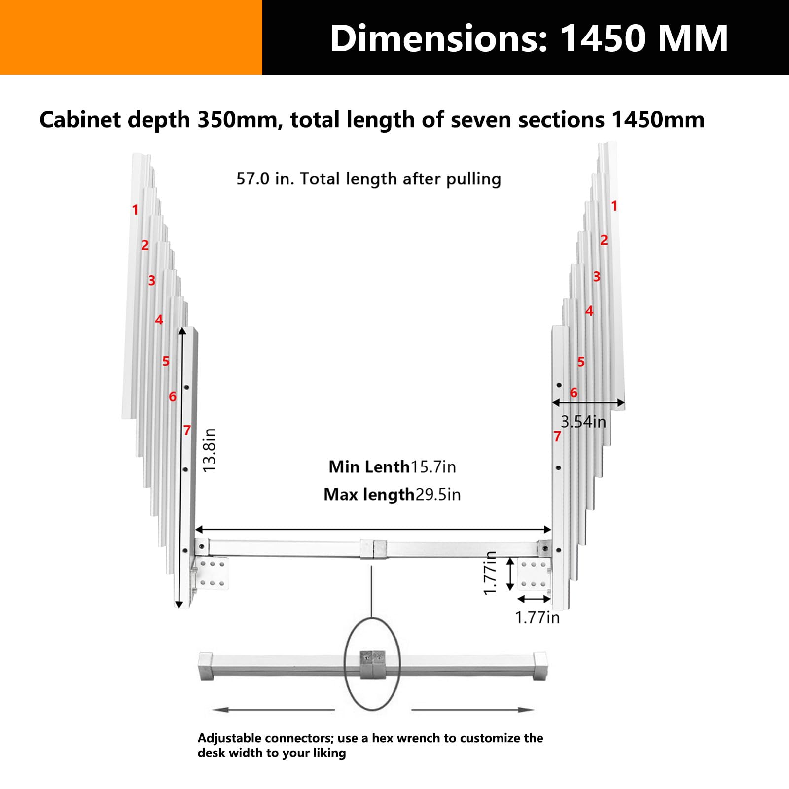 Guía Telescópica De Aluminio para Mesas De Armario, Riel Extensible Riel Telescópico Oculto De Varias Secciones para Mesas, para Dormitorios, Despachos Y Encimeras De Cocina,1450mm