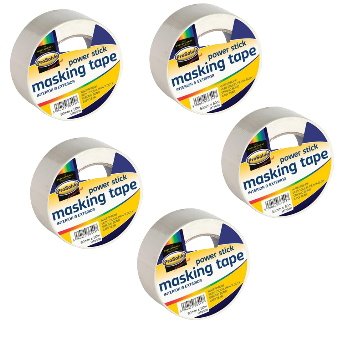 MSF PROSOLVE 50mm x 50m White, Red, Green, Blue, Black, Silver, And Yellow Premium Gaffer Tape Cloth Gaffa Duct Waterproof Pack OF (1, 2, 5, 10) (50mm x 50m, 5 X MASKING TAPE)
