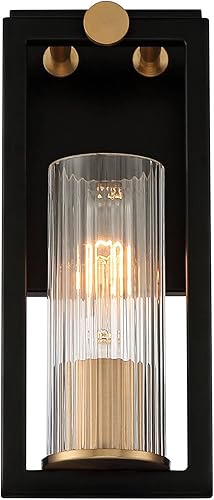 Miniatura 5 de Ramos - Juego de 2 apliques de pared industriales modernos de latón cálido negro con cable de 4 12 pulgadas, pantalla de vidrio acanalado