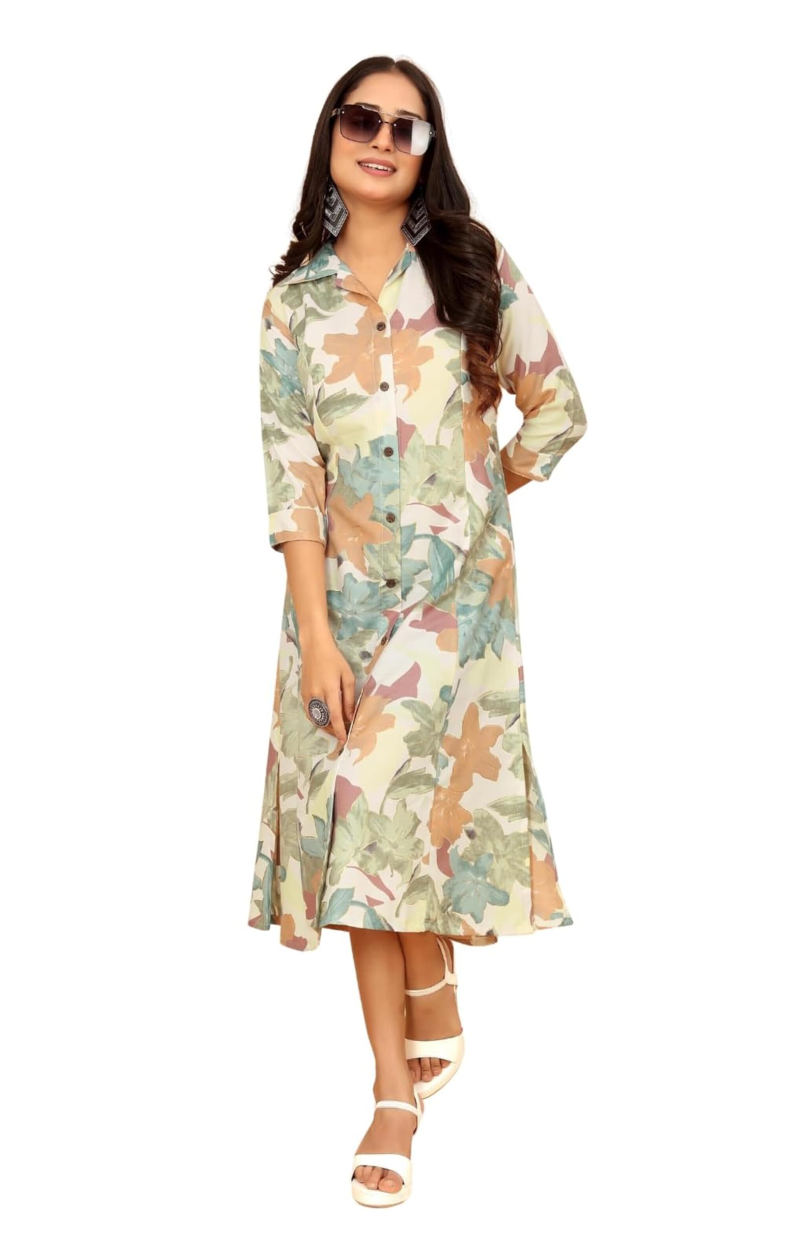 Women's A-Line Latest Rayon Floral Print Western Dress || Roll Tab Sleeve & Collared Neck Flared Design || New Office Wear one Piece || Summer wear for Women 2025