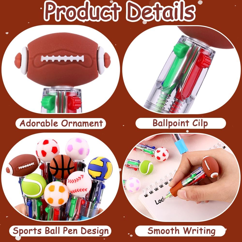 Vellibring 30pcs Mini Multicolor Pens in One 4-in-1 Cute Bulk Pens,Sport Soccer Rugby Basketball Retractable Pens Set for Sport Fans Valentines Party Favors Supplies Rewards Holiday Gifts thumbnail