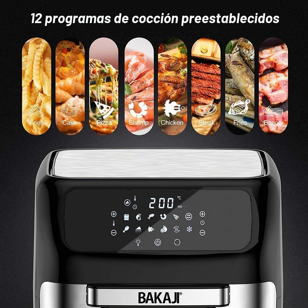 Bakaji Horno freidora de aire caliente para freidora de aire caliente, parrilla seca sin aceite, Airfryer capacidad 12 litros, pantalla LED táctil, 12 programas, temporizador, ajuste de temperatura,