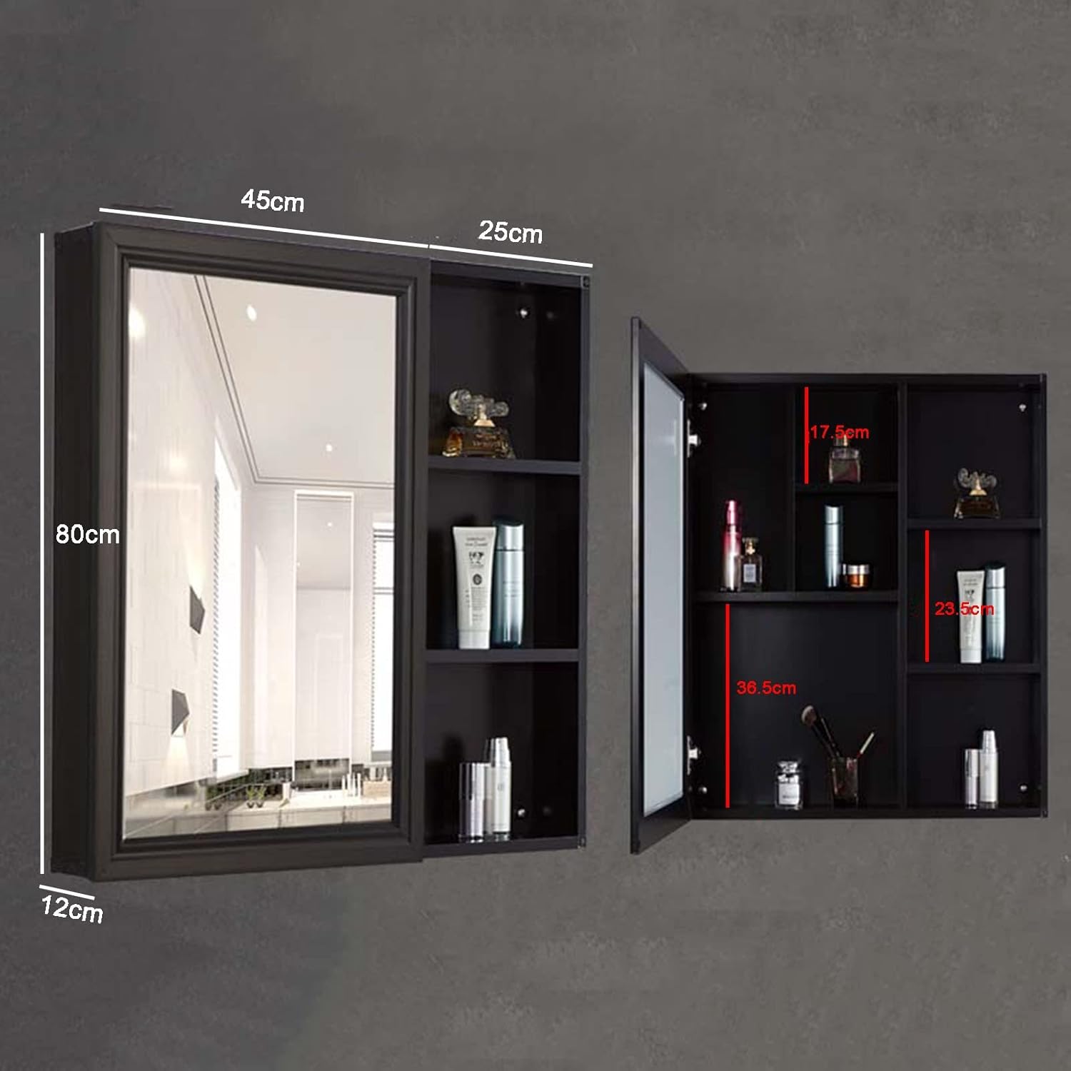 Mirror Cabinet with Shelf Wall-Mounted Mirror Cabinet Vanity Mirror Bathroom Cabinet Toilet Mirror Box Storage Cabinet (Color : Black, Size : 70 * 12 * 80cm)
