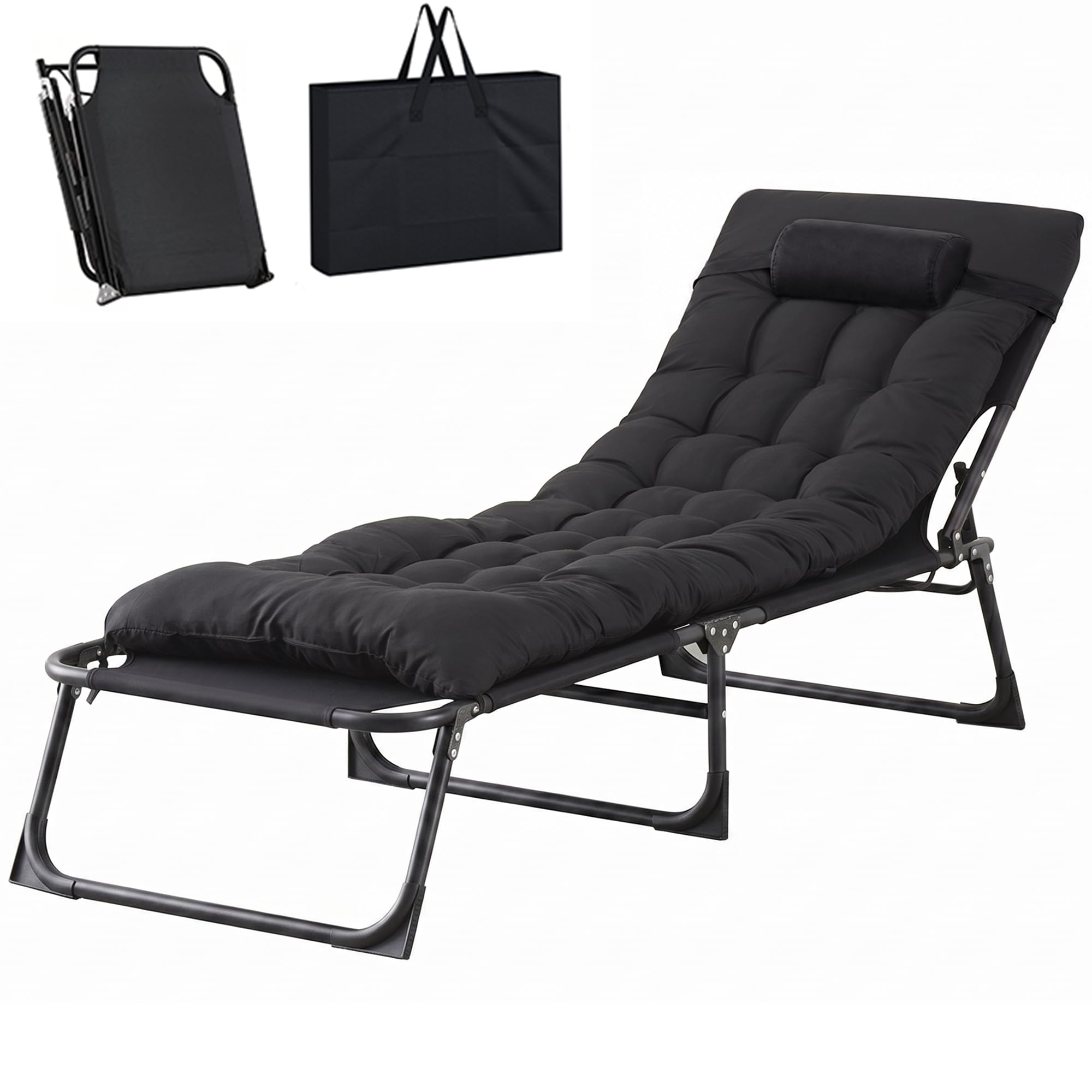 LSLIFE Folding Sun Loungers Recliners with Cushion, Adjustable Patio Folding Outdoor Sun Beds Perfect Reclining for Sunbathing, Camping, Pool, Beach, Patio (Black)