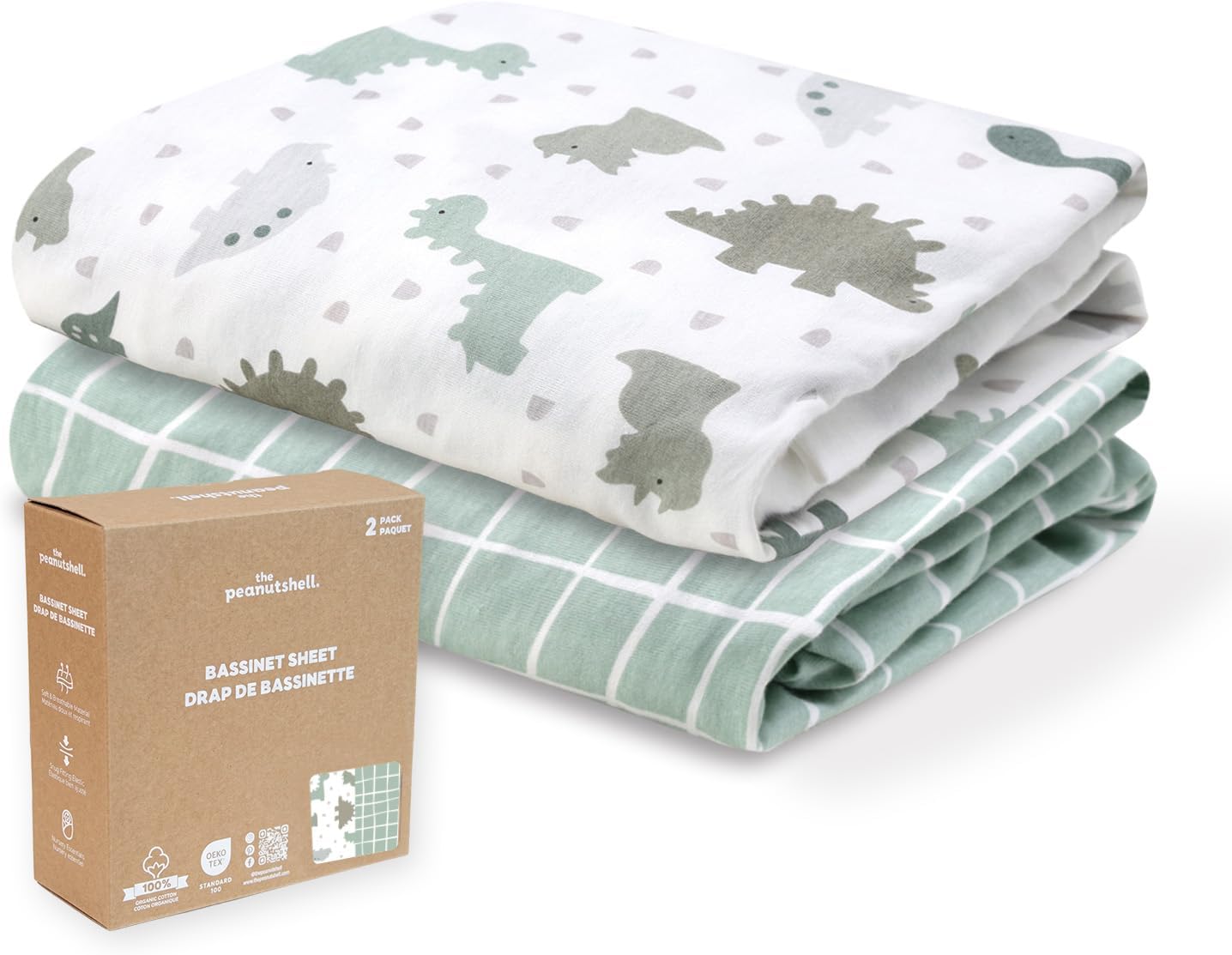 Organic Cotton Bassinet Sheets Boy - 2pk Baby Bed Sheets, Sage Dino
