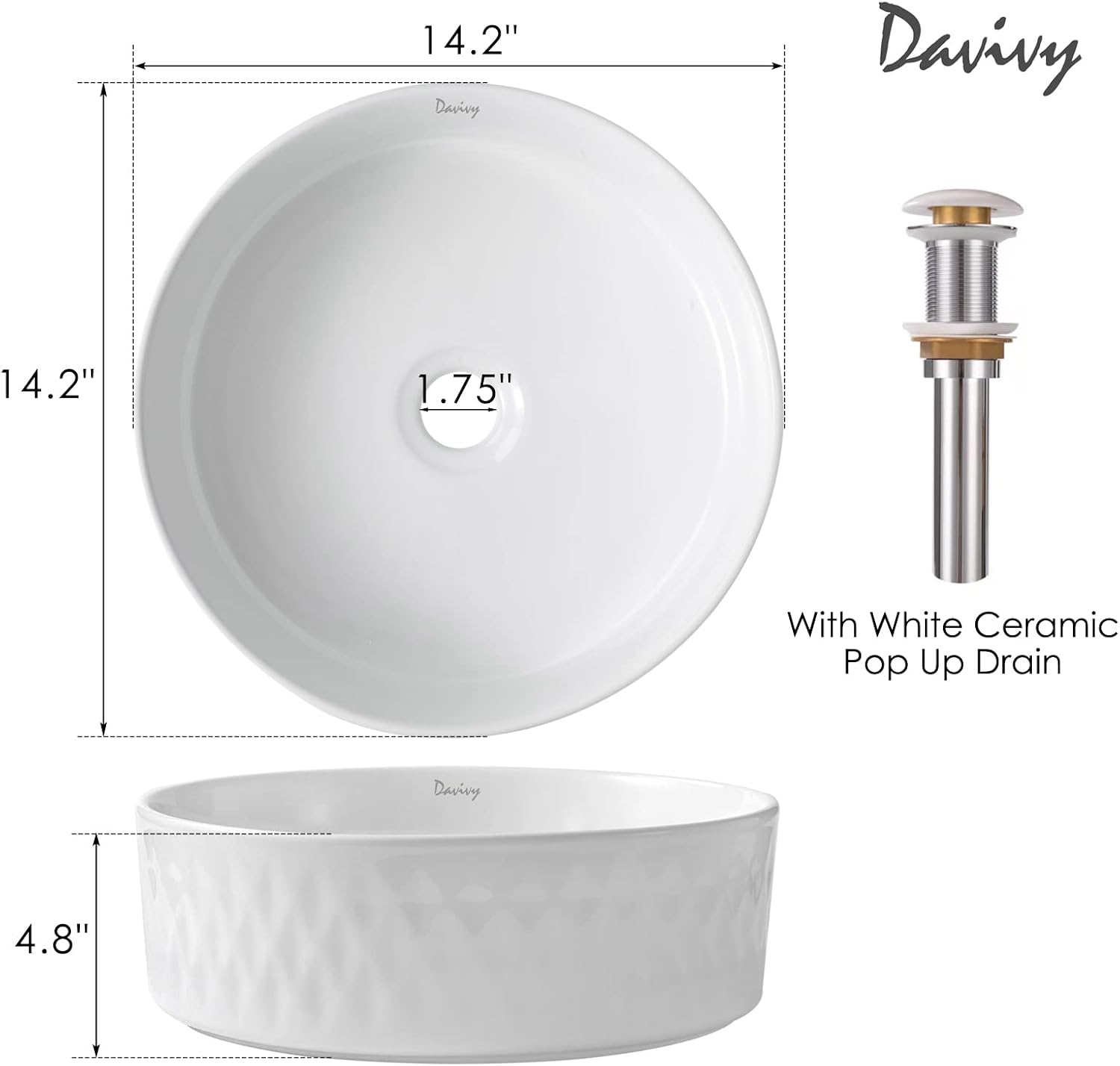 Davivy 14.2'' Round Bathroom Sink with Pop Up Drain,Bathroom Vessel Sinks Above Counter,Ceramic Vessel Sink,Counter top Vessel Sinks for Bathrooms