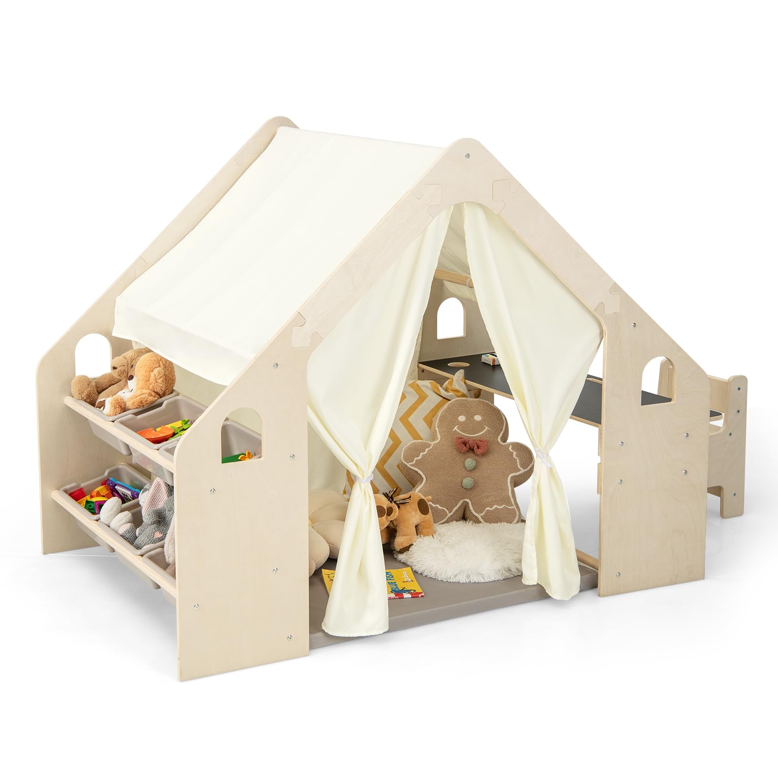 GYMAX 6 in 1 Kids Tent, Large Play Tent with Padded Mat, Blackboard, Storage Bin, Table & Chair, Indoor Children Playhouse for Toddlers Aged 3-6 Years Old