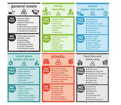 Recycling signs complete pack of 6 essential for recycling bins - 1.2mm Rigid plastic for indoor/outdoor usage (200mm x 150mm) Viewing Distance within 5m.