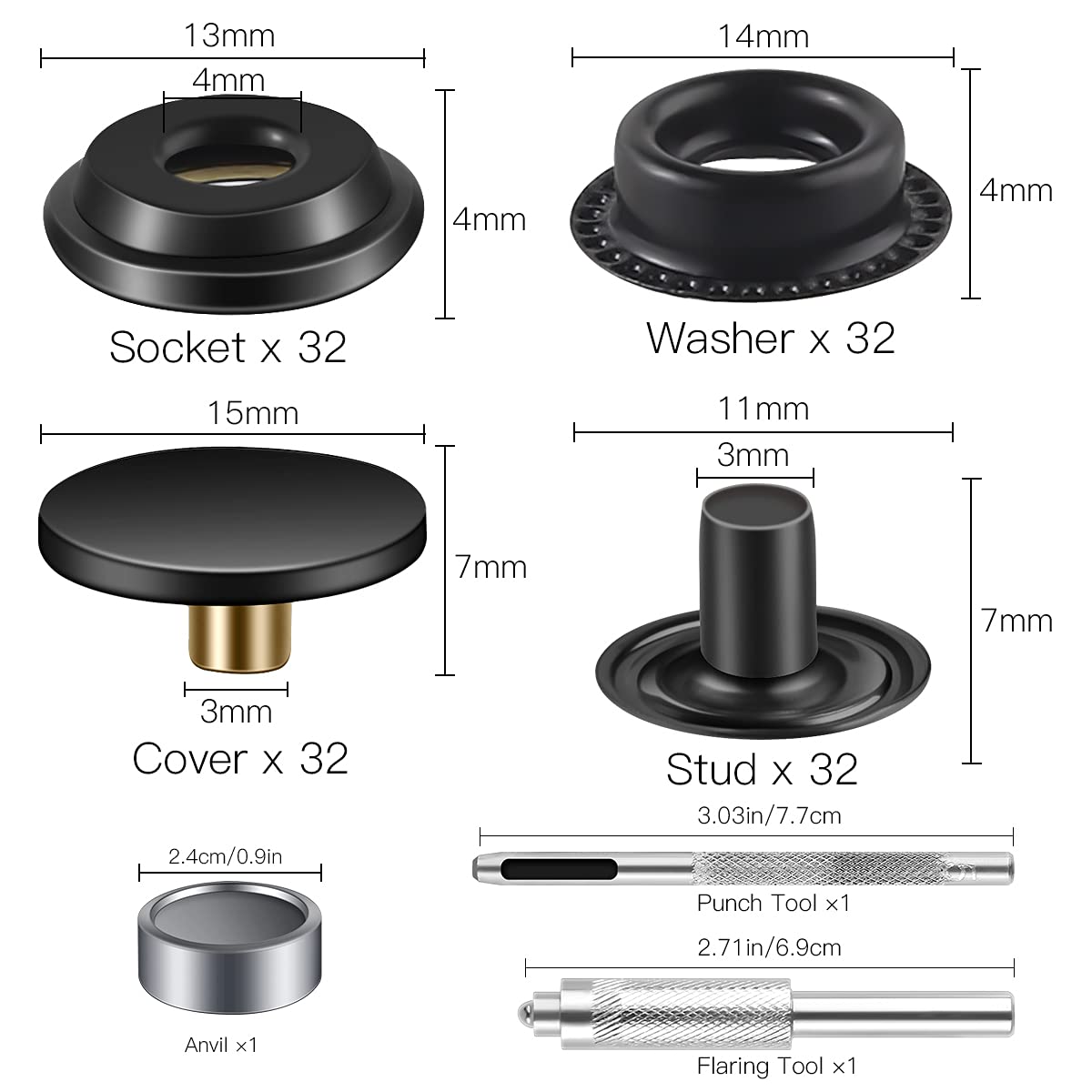 Kit de 128 cierres a presión, acero inoxidable de grado marino, botones a presión para ropa, con perforador de material y herramienta de ajuste para bolsos, jeans, ropa, tela y manualidades (negro +