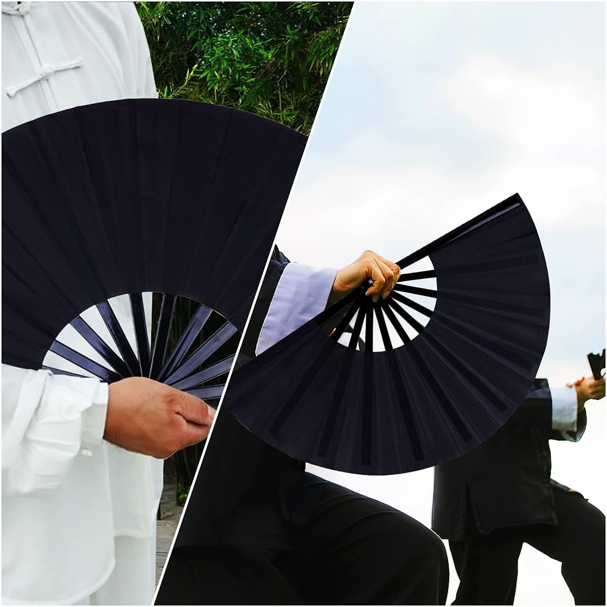 4 Packs Large Folding Hand Fan Handheld Folding Fans, Chinese Handheld Tai Ji Fan, Black Hand Fan for Performance, Dance, Fighting, Wedding, Church, Party & Gift (4-Pcs)
