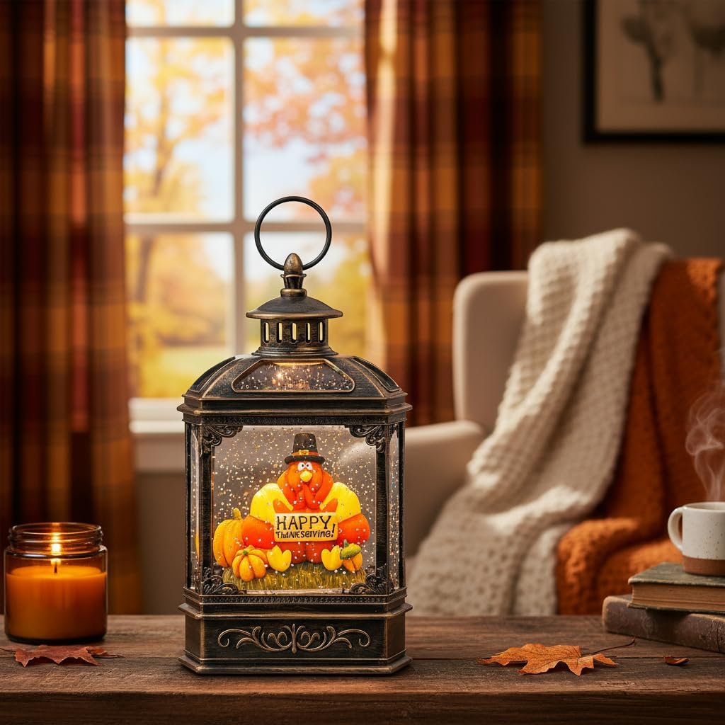 Fall Snow Globe Lantern，Fall Decor Thanksgiving centerpieces for Dinner Table，USB or Battery Powered Home Decor Thanksgiving Gifts（Turkey and Pumpkin）