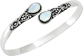 Pear Shape Moonstone Birthstone Bangle for Women - 925 Sterling Silver Plated Adjustable Open Cuff Bracelet - Handmade Jewelry Gift