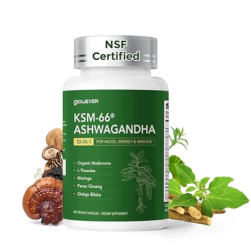 GlowEver KSM-66 Ashwagandha Suplementos con L-Teanina Moringa Setas Orgánicas Complejo Ginseng Ginkgo Biloba - Apoyo al estado de ánimo y energía,