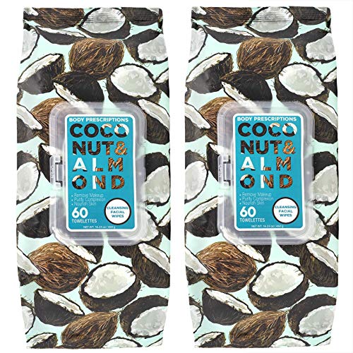 Body Prescriptions 2 Pack (60 Count Each) Coconut and Almond Facial Cleansing Wipes – Detoxifies Skin and Removes Makeup – Flip Top Pack
