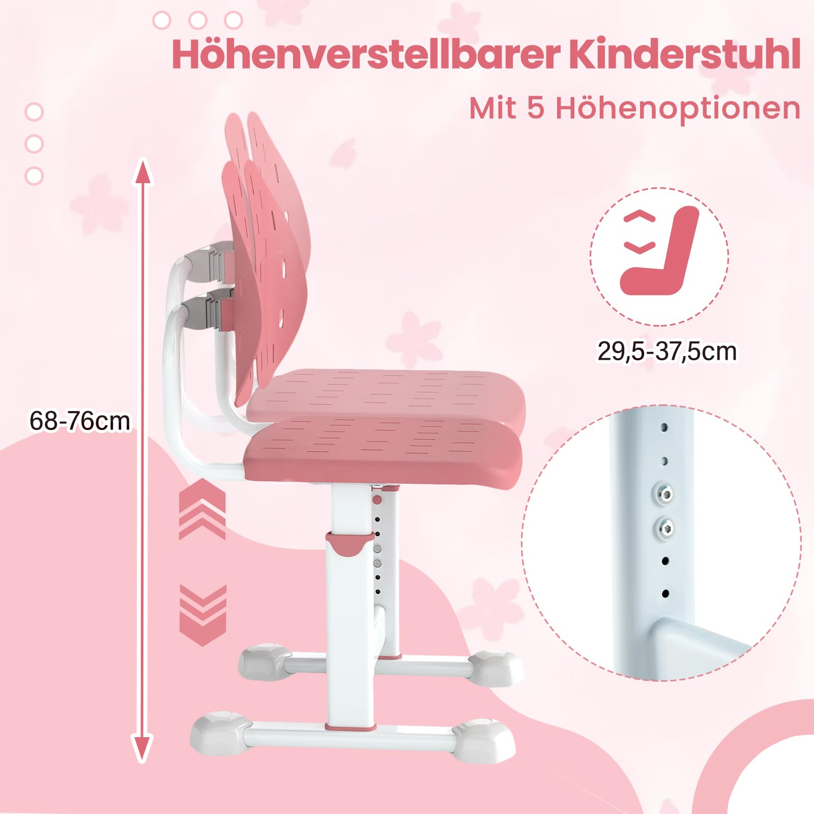 COSTWAY Schreibtischstuhl Kinder, 29,5-37,5cm höhenverstellbar, Kinderschreibtischstuhl mit doppelter Rückenlehne, armloser Bürostuhl ohne Rollen, Kinderstuhl für Jungen & Mädchen ab 3 Jahren (Rosa)