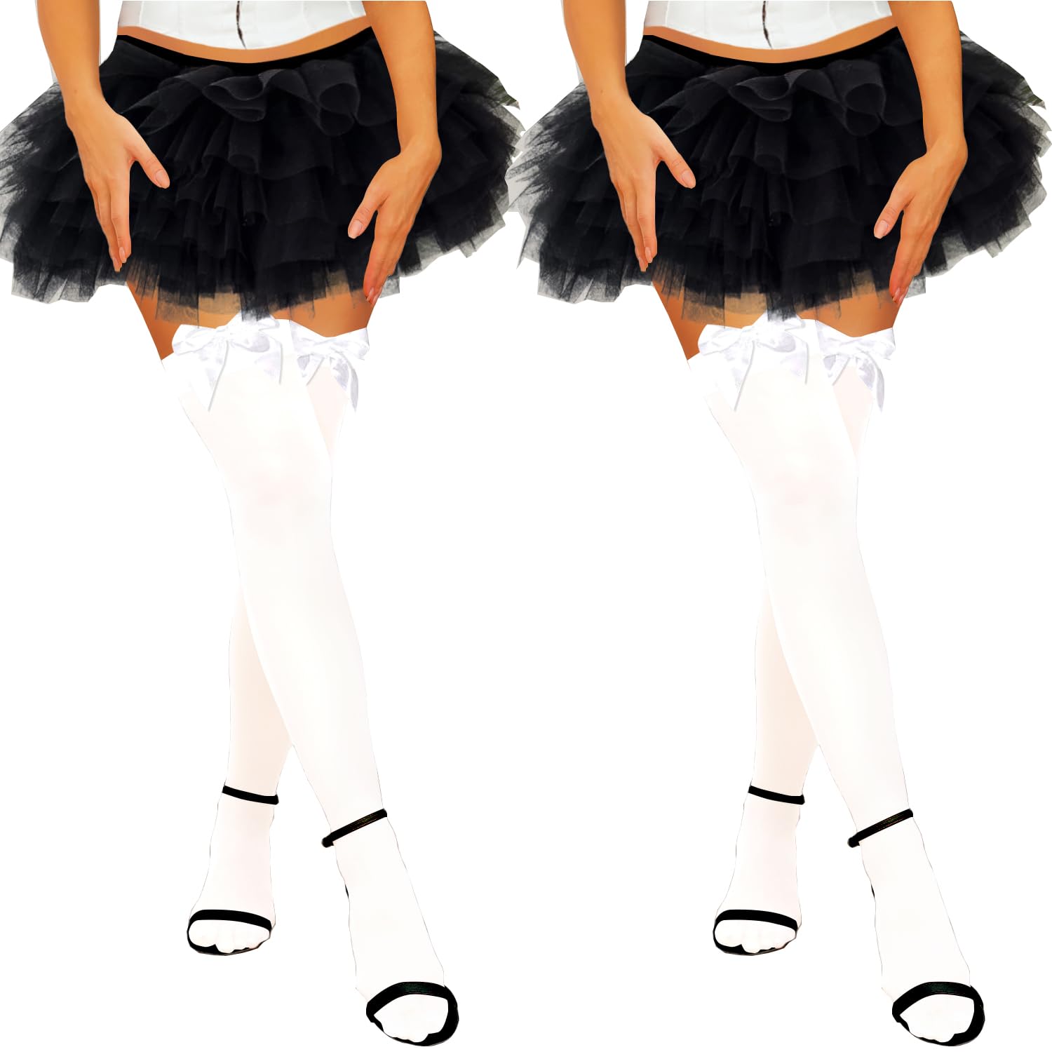 K Bkvava Women's White With White Bows 2 Pairs Bow Thigh High Stockings Satin Bow Over The Knee Highs Socks,