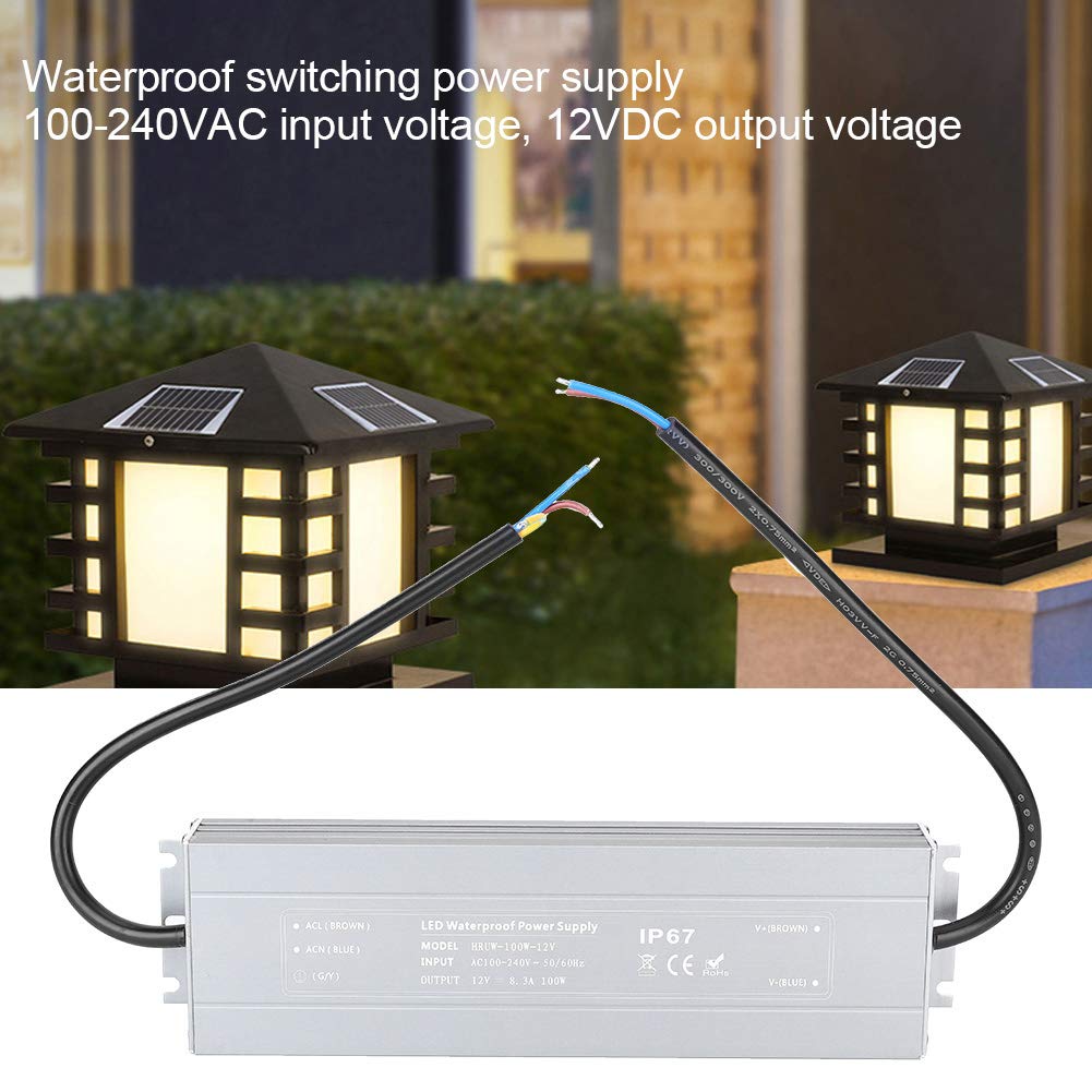 HRUW Alimentatore ultra sottile da 100 W 12 V - Driver LED impermeabile IP67 e trasformatore di commutazione - Ingresso da 100 a 240 V CA - Uscita 12 V - Alloggiamento anodizzato