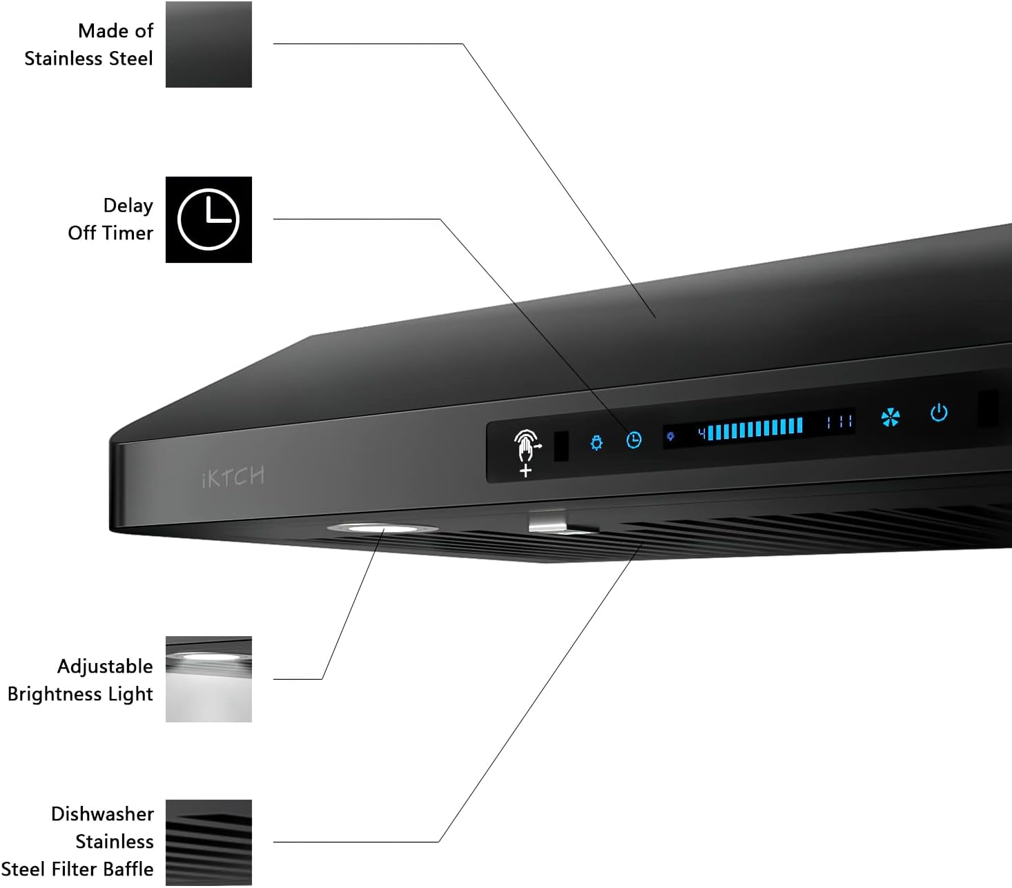 30" Black Stainless Steel Under Cabinet Range Hood with Gesture Control