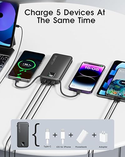 Miniatura 3 de Cargador portátil con cables integrados y enchufe de pared de CA, banco de energía de 12000 mAh, cargador de teléfono de carga rápida USB C de 22.5