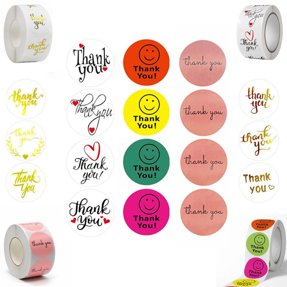 2000 Thank You Stickers, 4 Rolls, 15 Assorted Designs, 25mm