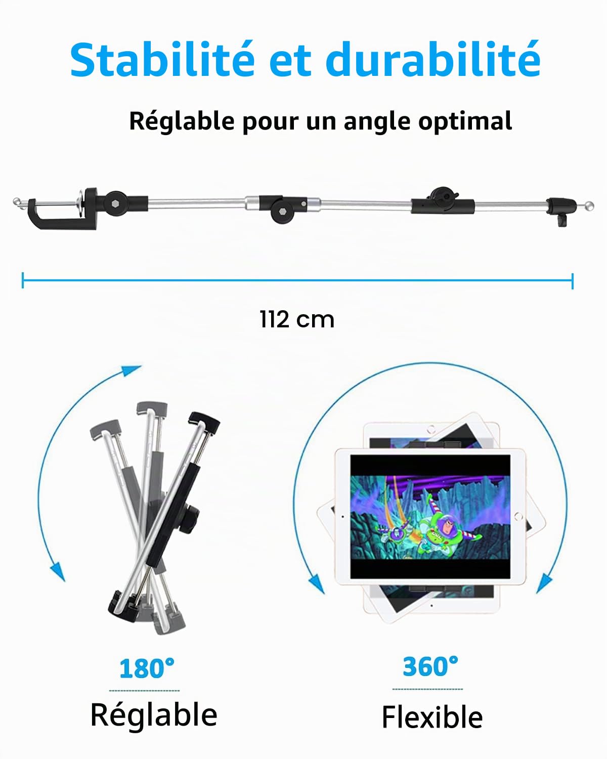 Oilcan Support Tablette Bras Articulé Réglable, Porte Tablette Table Lit | avec Aluminium Bras Pivotant à 360° Pliable, pour iPad Pro 12.9 Air Mini, Lenovo, Huawei, iPhone 4-13" Téléphone & Tablet